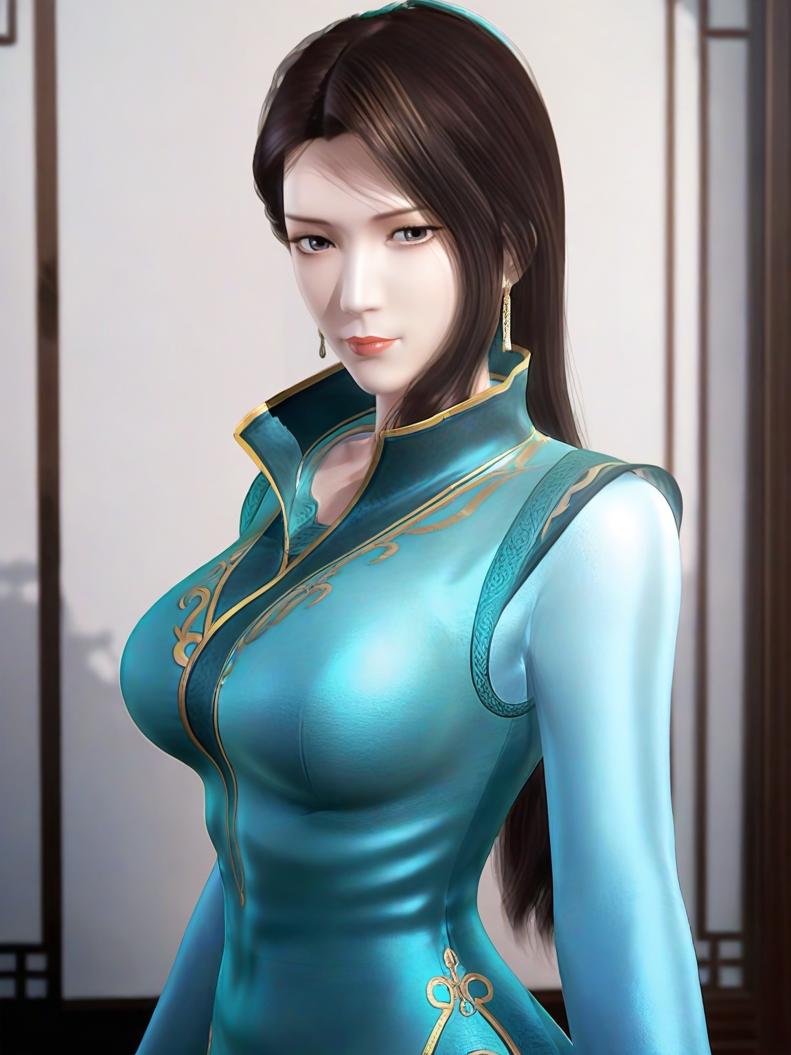 score_9,1girl,solo,dress,long hair,standing,long hair,brown hair ,black eyes,earrings,aqua dress,large breasts,chinese clothes,long sleeves,standing,lipstick,upper body,looking at viewer,<lora:SF_HuFuRen_Pony_Realism2.3-000004:0.7>,