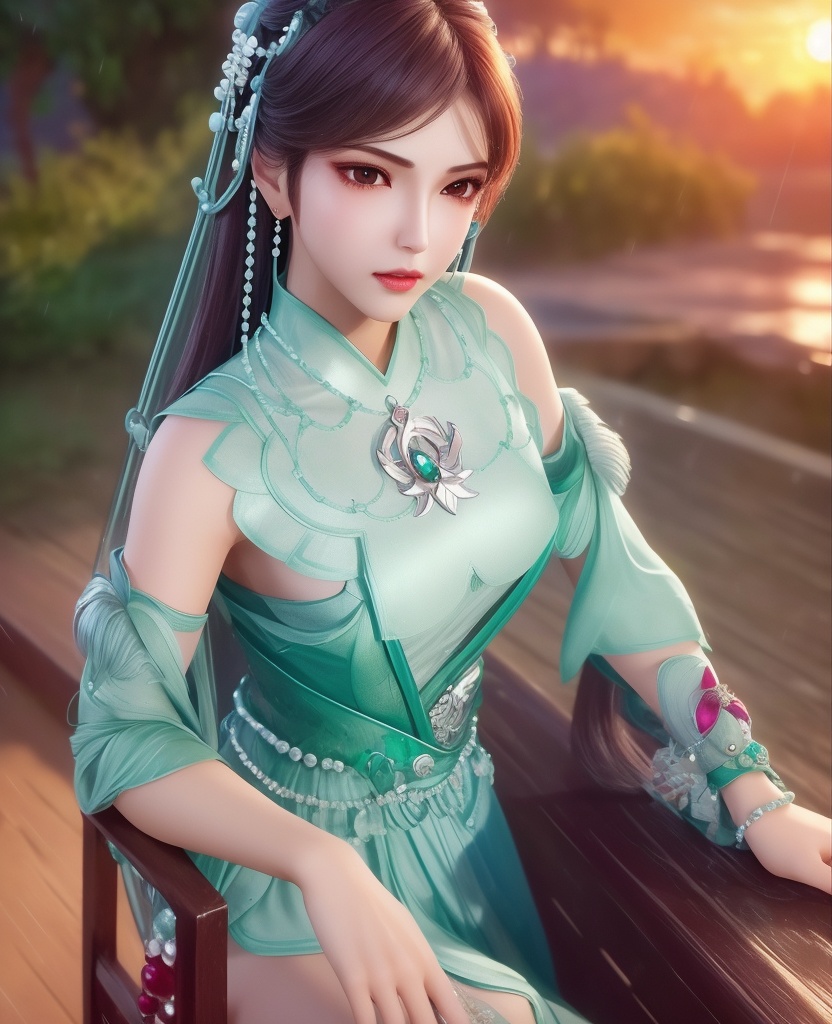 <lora:596-DA-炼气十万年-凌青姝:0.8>(,1girl, ,best quality, ),looking at viewer,  ,,ultra detailed 8k cg, ultra detailed background ,ultra realistic 8k cg,          cinematic lighting, cinematic bloom, (( , )),,  , unreal, science fiction,  luxury, jewelry, diamond, pearl, gem, sapphire, ruby, emerald, intricate detail, delicate pattern, charming, alluring, seductive, erotic, enchanting, hair ornament, necklace, earrings, bracelet, armlet,halo,masterpiece, (( , )),, realistic,science fiction,mole,   ,cherry blossoms,,(((Best quality, masterpiece, ultra high res, (photorealistic:1.4), raw photo, 1girl, ,rain, , sunlight, sunset, qianqiu wanxia,     )))  (cleavage), (),