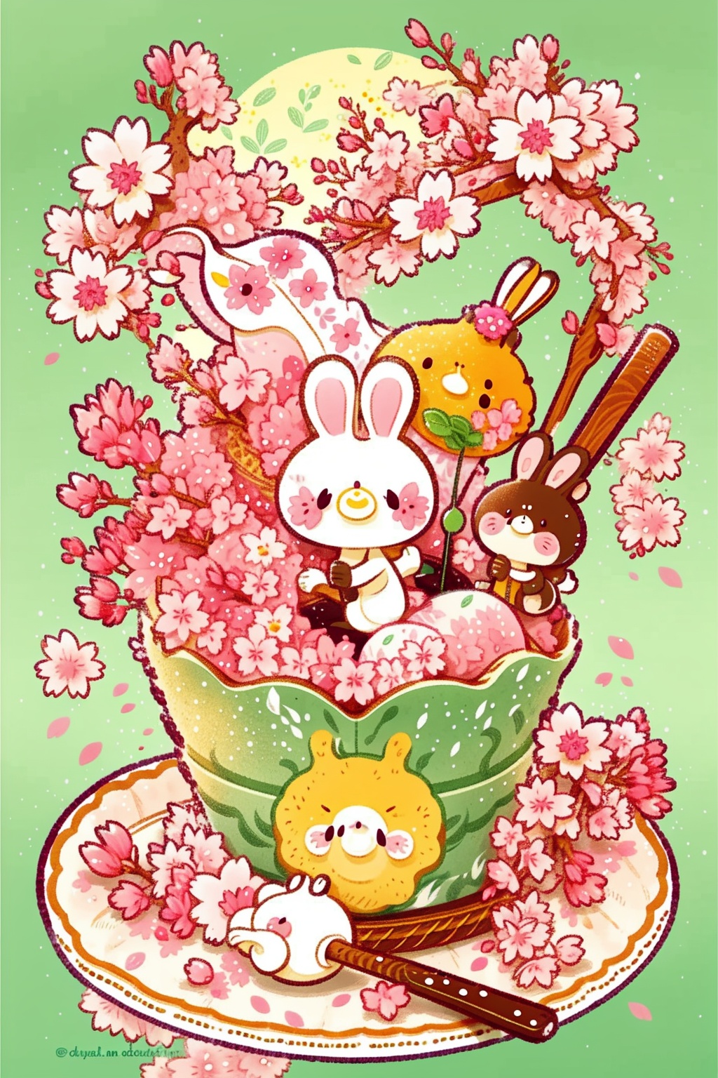 shouzhang_style,1girl,dango,wagashi,food,cherry blossoms,sanshoku dango,rabbit,japanese clothes,kimono,no humans,obi,petals,food focus,fruit,:3,sash,flower,floral print,green background,pink kimono,hair ornament,cup,<lora:shouzhang_v1.0:1.5>,, masterpiece,best quality,