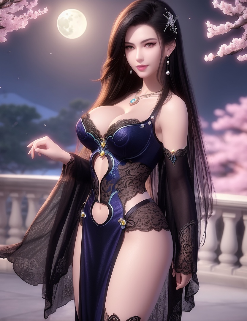 ultra realistic 8k cg, picture-perfect face, flawless, clean, masterpiece, professional artwork, famous artwork, cinematic lighting, cinematic bloom, perfect face, beautiful face, fantasy, dreamlike, unreal, science fiction,  beautiful clothes, lace, lace trim, lace-trimmed legwear,  (rich:1.4), prestige, luxury, jewelry, diamond, gold, pearl, gem, sapphire, ruby, emerald, intricate detail, delicate pattern, charming, alluring, seductive, erotic, enchanting, hair ornament, necklace, earrings, bracelet, armlet,halo((,1girl, pov,))(((,, 1girl, solo, moon, breasts, outdoors,cherry blossoms, cleavage, black_hair, hair_ornament, long_hair, jewelry,looking at viewer, ))) <lora:DA_CaoNvYao:0.6> 