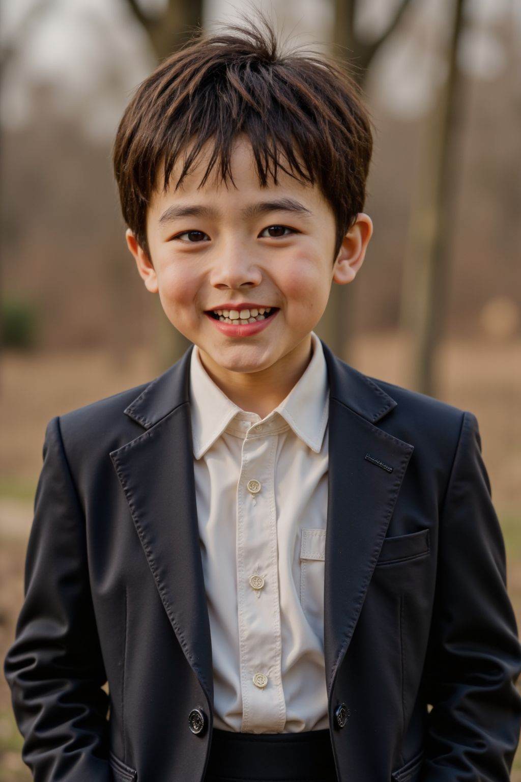 HDR photo of cinematic film still solo, looking at viewer, smile, open mouth, brown hair, shirt, black hair, long sleeves, 1boy, brown eyes, standing, jacket, white shirt, male focus, cowboy shot, teeth, collared shirt, pants, black eyes, buttons, formal, suit, realistic, hands in pockets, child, outdoors, . shallow depth of field, vignette, highly detailed, high budget, bokeh, cinemascope, moody, epic, gorgeous, film grain, grainy . High dynamic range, vivid, rich details, clear shadows and highlights, realistic, intense, enhanced contrast, highly detailed
