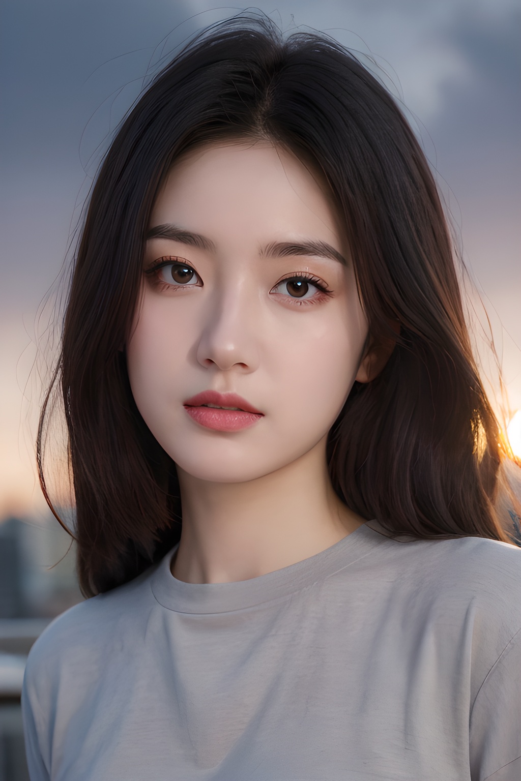 <lora:0816_04:0.7>,Frontal photography,Look front,evening,dark clouds,the setting sun,On the city rooftop,A 20 year old female,Black top,Black Leggings,black hair,long hair, dark theme, muted tones, pastel colors, high contrast, (natural skin texture, A dim light, high clarity) ((sky background))((Facial highlights)),, 1girl,realistic,masterpiece, best quality, photorealistic, HDR,detail
