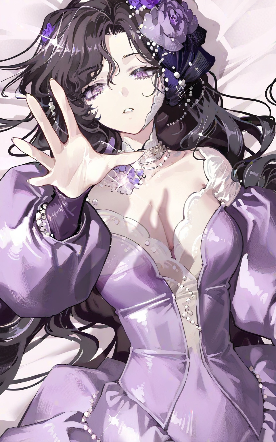 Reverse:1999, 1girl, solo, hair flower, flower, hair ornament, necklace, long hair, jewelry, looking at viewer, parted lips, black hair, breasts, long sleeves, dress, upper body, puffy sleeves, cleavage, purple dress, sparkle, purple flower, hand up, purple eyes, rose, scales, lying, puffy long sleeves, Negative prompt: ng_deepnegative_v1_75t,badhandv4,EasyNegative,worst quality,lowres,bad anatomy,bad hands,text,error,missing finger,extra digits,fewer digits,cropped,worst quality,low quality,low score,bad score,average score,signature,watermark,username,blurry,,nsfw, Steps: 27, Sampler: Euler a, CFG scale: 6.0, Seed: 275039761, Size: 960x1536, Model hash: 6681e8e4b1, Model: NoobAI-XL (NAI-XL)_Eps-pred 110%.safetensors, Denoising strength: 0.0, RNG: CPU, Lora 1: 我免费了3, Lora Hash 1: 346a713172, Lora Weight 1: 1.0, vae_name: automatic