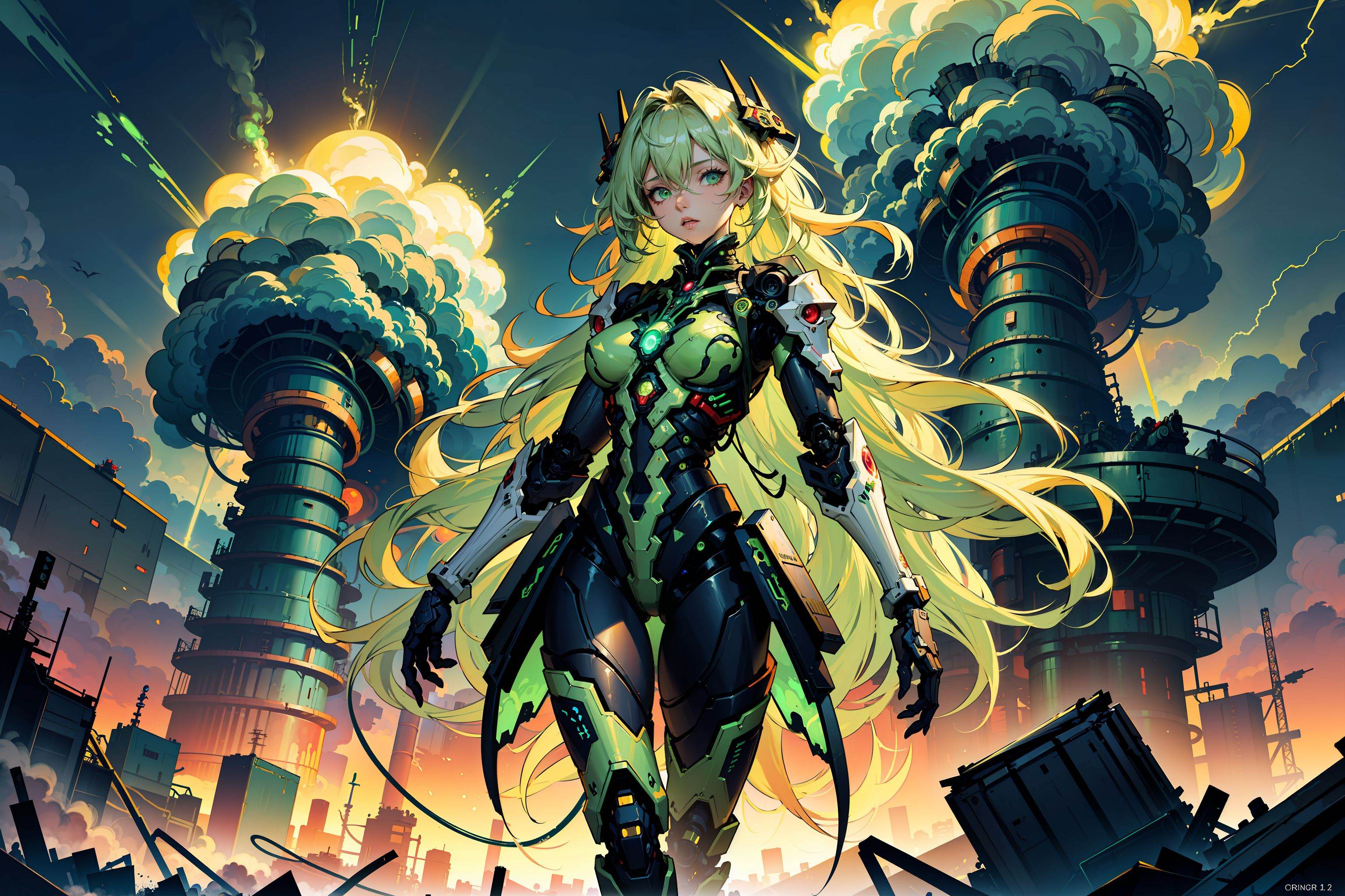 ((green liquid toxic poison Nuclear acid Tornado)) is chrushing over a destroyed big city,  Tornado filled with poison gar...