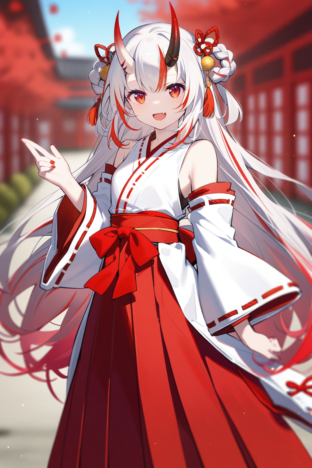 1girl, solo, long hair, looking at viewer, smile, open mouth, bangs, skirt, red eyes, long sleeves, bare shoulders, very long hair, standing, white hair, :d, red hair, multicolored hair, small breasts, outdoors, detached sleeves, japanese clothes, horns, sleeveless, fang, virtual youtuber, wide sleeves, blurry, streaked hair, blurry background, feet out of frame, ribbon trim, hakama skirt, ribbon-trimmed sleeves, oni horns, sheathed, oni, white kimono, miko, nakiri ayame