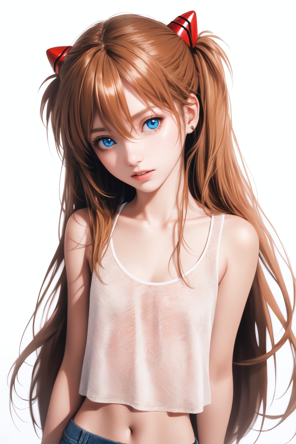 highly insanely detailed,masterpiece,top quality,best quality,highres,4k,8k,RAW photo,BREAK1girl,souryuu asuka langley,solo,long hair,blue eyes,breasts,navel,cleavage,white background,collarbone,hair between eyes,simple background,midriff,upper body,looking at viewer,brown hair,small breasts,bangs,head tilt,parted lips,hair ornament,medium breasts,headgear,very long hair,shiny hair,orange hair,two side up,**** top,BREAKRomanticism,textured skin,(fantasy world),