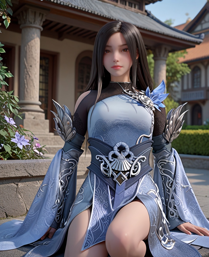 (oriental architecture, elegant decor, sophisticated style:1.1),sitting with elbows on knees,(breasts:1.2),<lora:XL完美世界重瞳女>,miss chongtongnv,solo,raglan sleeve dress,sash,clothes ornaments,shoulder cutout,black hair,long hair,floral print,gauntlets,vambraces,dicoria,shawl,streaked hair,, zPDXL2, score_9, score_8_up, score_7_up BREAK realistic, masterpiece,best quality, highly detailed,, zPDXL3, zPDXL2,zPDXL, zPDXLxxx, zPDXLrl,