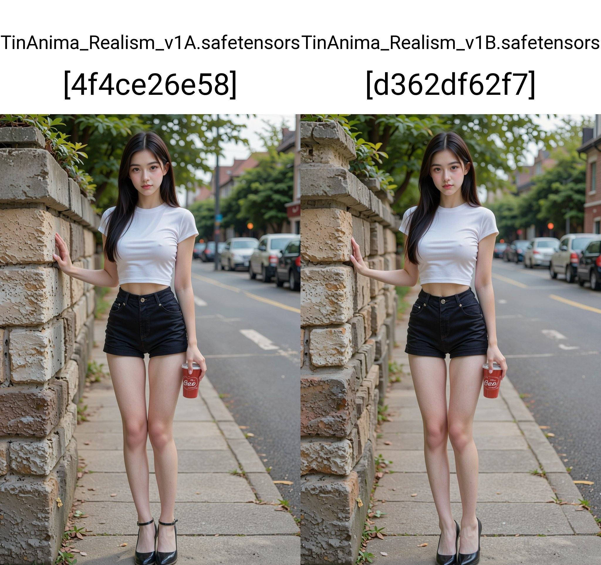 A photograph of a young Asian woman standing on a suburban sidewalk,  leaning against a beige stone wall. She has long bla...