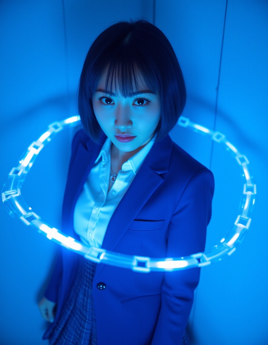 Masterpiece,Top quality,beautiful Korean woman,doll-like face,clean skin,neat deep cobalt blue short cut,bright determined grin,school blazer power suit,blazer seams glowing with blue light,plaid skirt with energy field shimmer,active pose,whipping a glowing energy chain upwards,dynamic arc of blue light in front of her face,intensely saturated monochromatic cobalt blue background,digital grid pattern,POV,high angle,face-focused close-up,looking up at viewer,