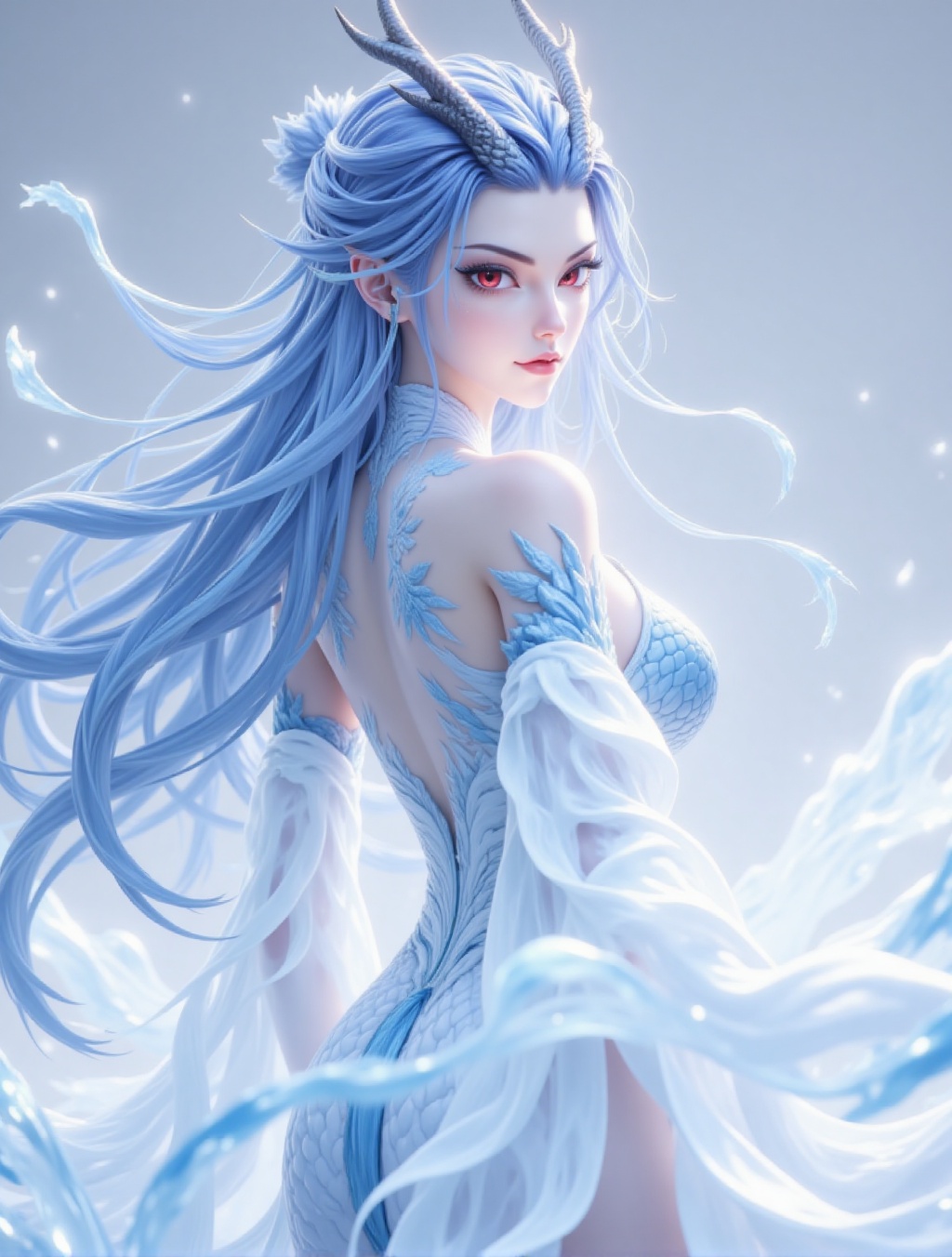 ar,This image depicts a female character full of mystery and fantasy. She has long,ice-blue hair that flutters in the wind,making her look light and agile. The color of her hair seemed **** cold ice in winter,shining with a cold and clear light. There was a pair of silver-colored dragon horns on her forehead. Her eyes were red,as if they were deep flames,revealing an unspeakable mystery. This contrast between red and blue further emphasized her unique temperament and charm. This female character was wearing a transparent white costume decorated with delicate blue patterns and lines. These patterns and lines were **** flowing water waves,giving people a light and elegant feeling. The material of the costume looked light and transparent,as if it was **** up of water elements,complementing her overall image. Her back has textures similar to fish scales,which are staggered to add a sense of movement and layers. This design not only makes her image more three-dimensional and vivid,but also gives the impression that she is a mysterious creature from the deep sea. Overall,this image presents a cool-toned fantasy style. The color scheme of the image is harmonious and unified,giving people a tranquil and mysterious feeling. The image of the female character is unique and charming,which makes people can't help but indulge in this world full of fantasy and romance.,