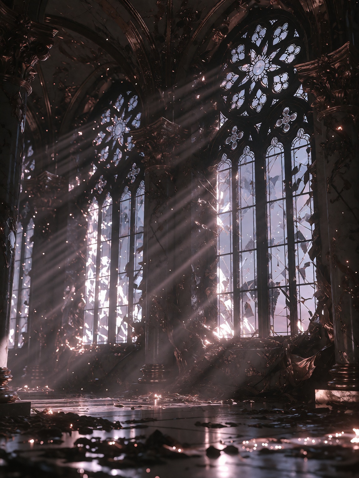 (Shattered stained-glass windows scatter soft white and purple sunrise rays through the dust-filled corridors,  illuminati...
