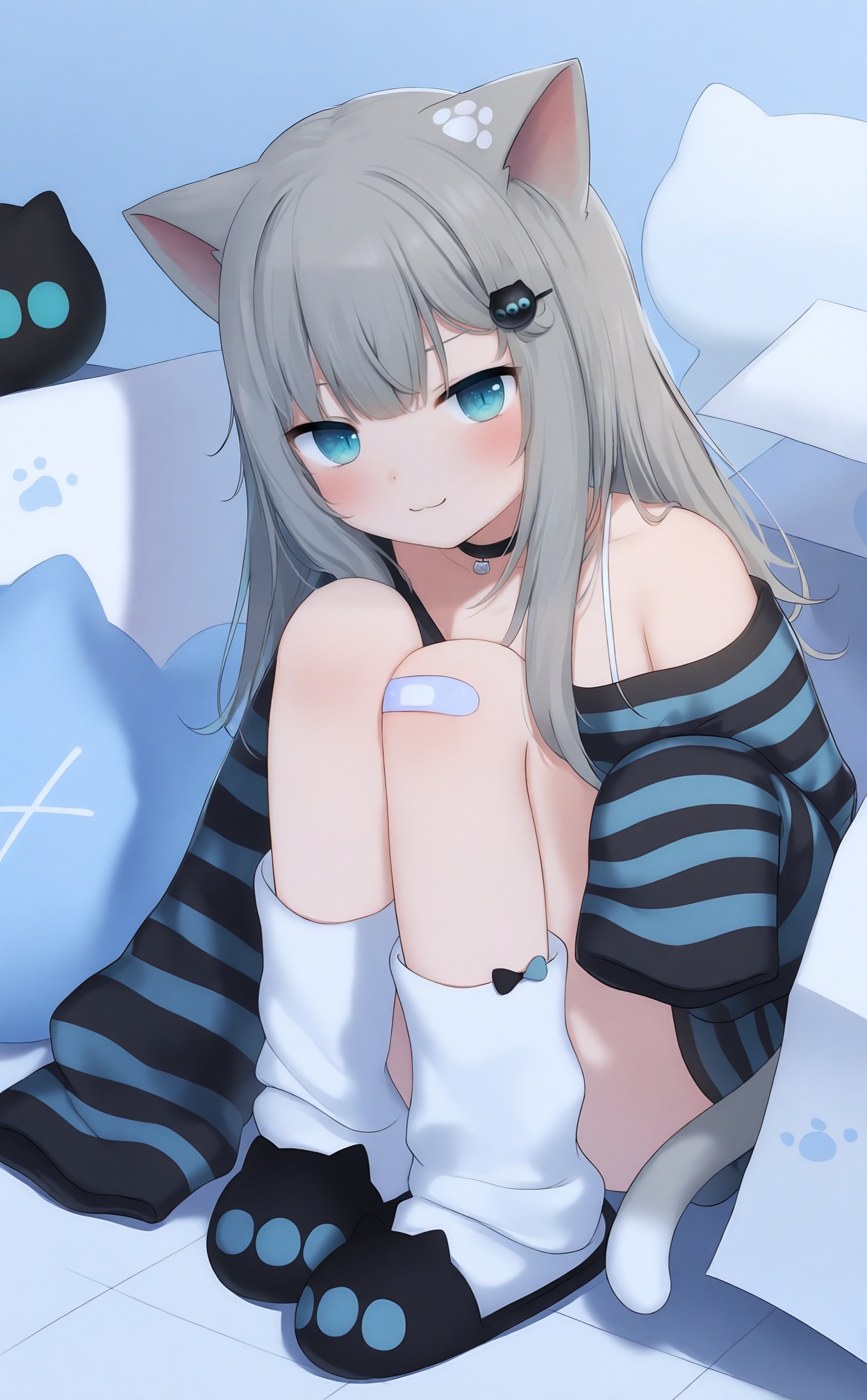 masterpiece,absurdres,best quality,loli,petite,high quality,//,1girl,animal_ears,cat_ears,grey_hair,virtual_youtuber,cat_girl,cat_tail,sleeves_past_wrists,tail,striped_clothes,sleeves_past_fingers,loose_socks,solo,box,blue_eyes,long_hair,socks,cardboard_box,striped_shirt,long_sleeves,looking_at_viewer,bandaid_on_leg,:3,off_shoulder,shirt,oversized_clothes,bandaid,slippers,choker,hair_ornament,closed_mouth,blush,black_choker,oversized_shirt,eyebrows_hidden_by_hair,black_footwear,striped_sweater,smile,white_socks,sitting,bandaid_on_knee,in_container,in_box,knees_up,bare_shoulders,//,<lora:gancheng1214——【noob】hans:1>,