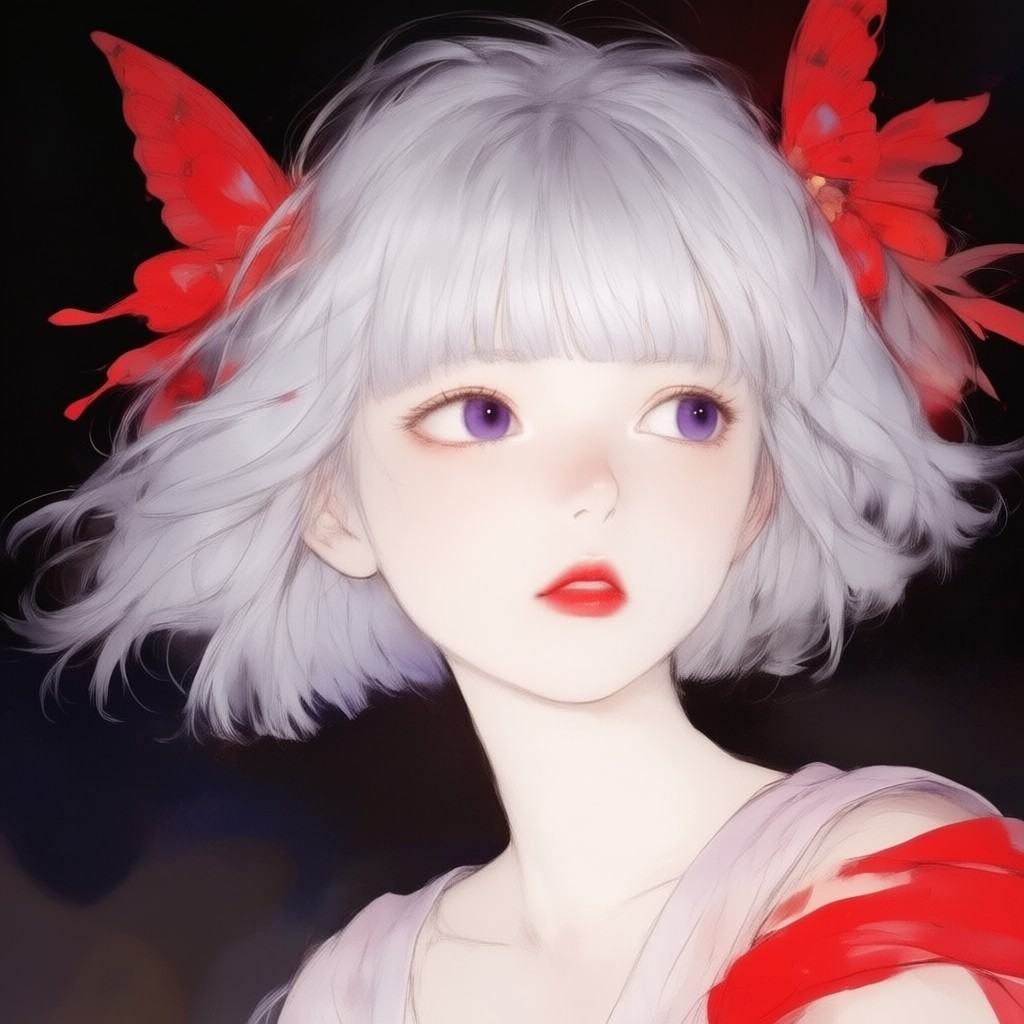 A close-up portrait of a young woman with short,  messy silver hair and straight-cut bangs. She has pale skin,  large purp...