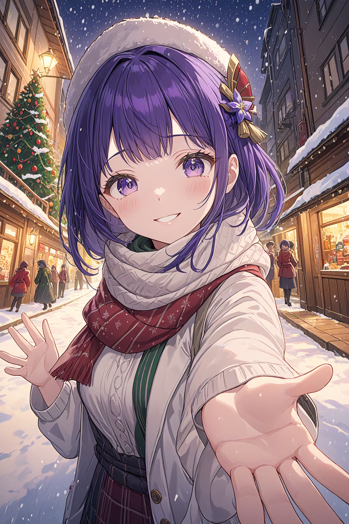 ultra-detailed,(best quality),((masterpiece)),(highres),original,extremely detailed 8K wallpaper,(an extremely delicate and beautiful),anime,1girl,raiden shogun,purple hair,solo,looking at viewer,smile,BREAKExaggerated perspective,ultra wide shot,reaching out hand,foreshortening,on the tokyo street,realistic,highres,female focus,solo,snowy day,scarf,hat,flying snow,fish-eye len,fish eye angle,ambient occlusion,rim lighting,bustling,The streets at night wall in the Christmas,Red and green theme,Christmas dress,Christmas Hat,Christmas tree,Christmas elements,BREAK<lora:XL 超级雷神_1.0:0.7>,