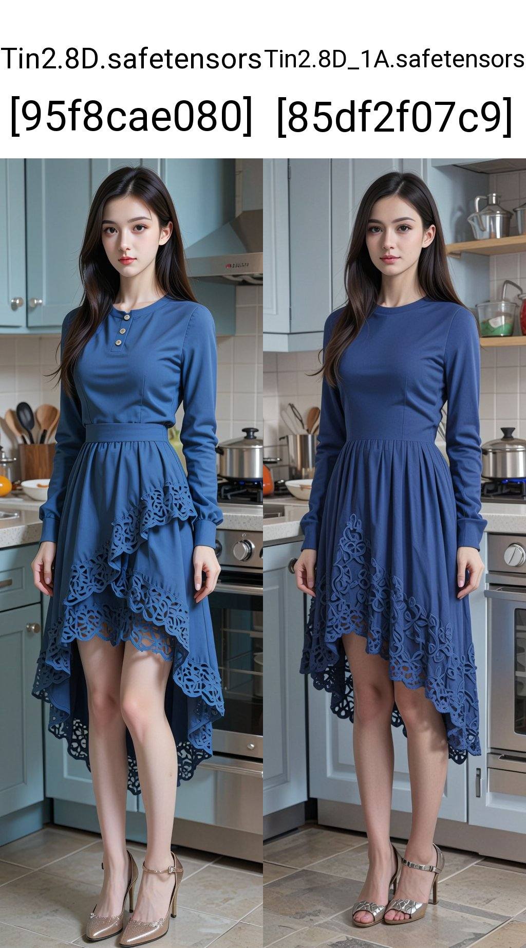 The image shows a woman standing in a kitchen. She is wearing a blue long-sleeved dress with a lace hem,  which is asymmet...