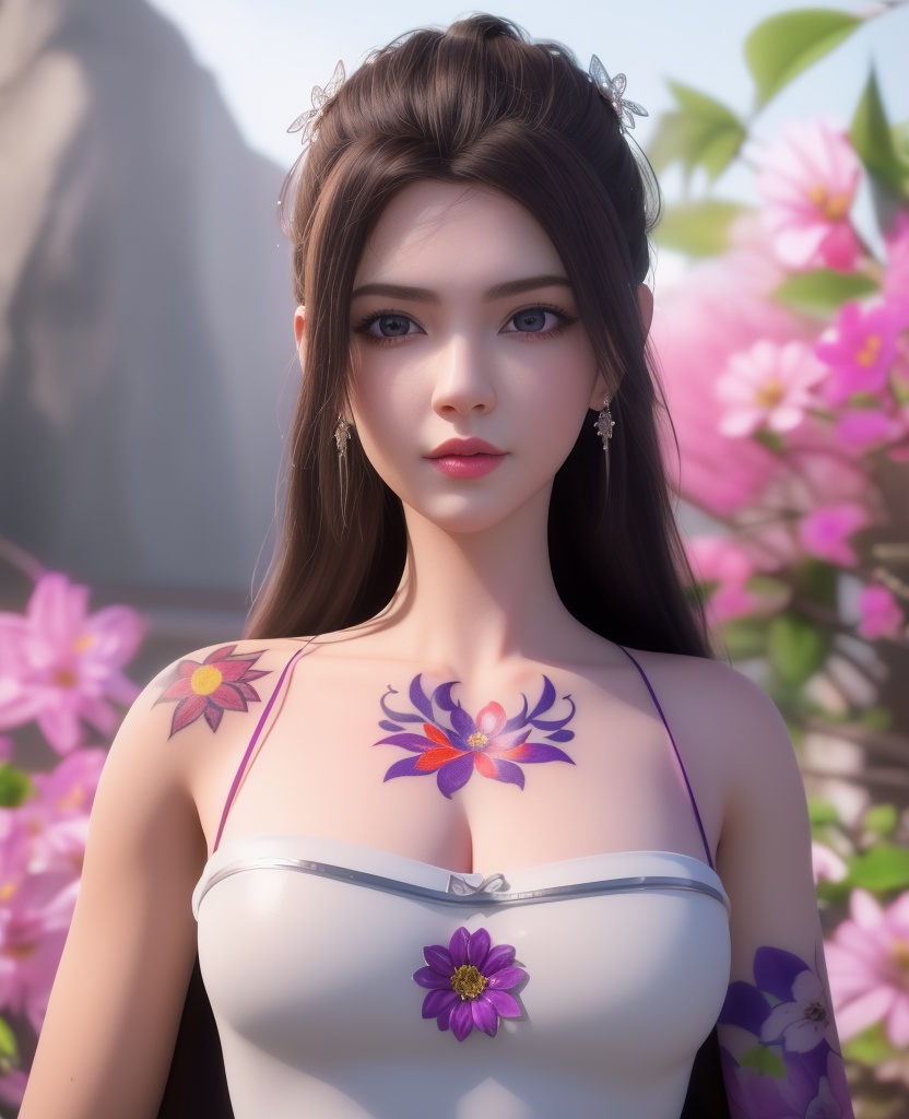 <lora:569-DA-星辰变-朔燕:0.8>(,1girl, ,best quality, ),looking at viewer,  ,,ultra detailed background,ultra detailed background,ultra realistic 8k cg,, ,masterpiece, (( , )),ultra realistic 8k cgSurrounded by strange, movie perspective, advertising style, Colorful background, splash of color A beautiful woman with delicate facial features,tattoo all over body, flower arms, from below,