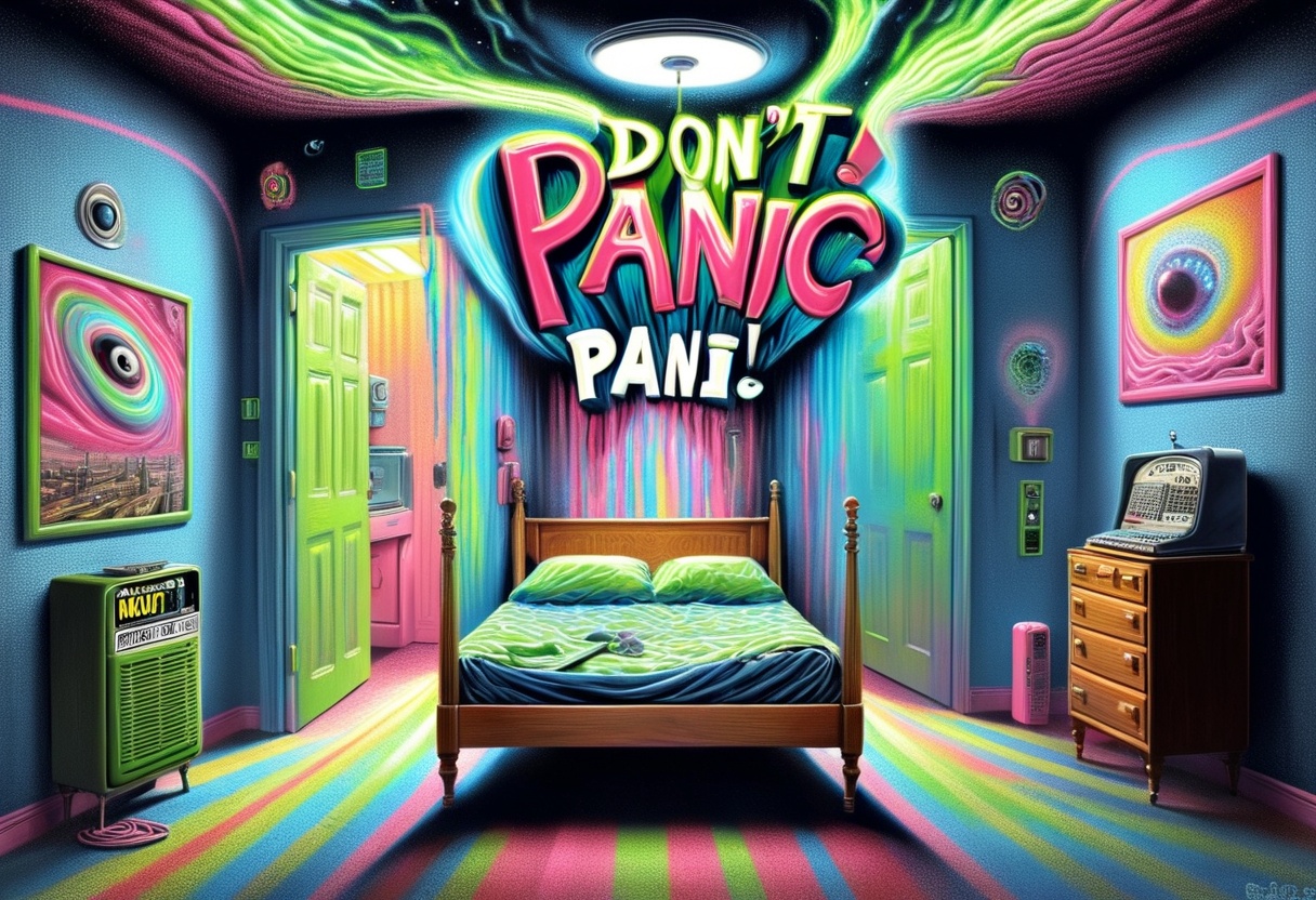 DonMD0n7P4n1cXL,  text "DON'T PANIC!",  hyper detailed masterpiece on Tensor.Art