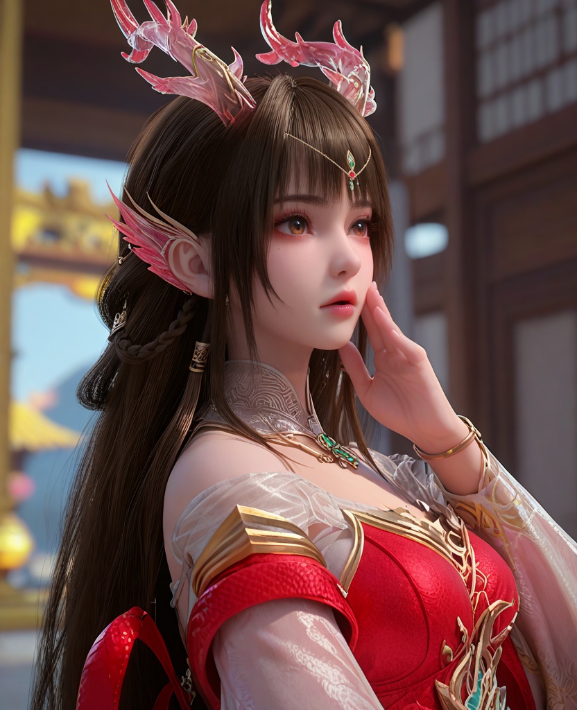 (oriental architecture, elegant decor, sophisticated style:1.1),(Hands on the cheeks, looking surprised:1.1),(breasts:1.2),<lora:XL百炼成神龙宫云落:0.95>,miss yunluo,brown hair,ong hair,red dress,hair ornament,jewelry,bare shoulders,braid,antlers,brown eyes,earrings,detached sleeves,pointy ears,detached collar,, zPDXL2, score_9, score_8_up, score_7_up BREAK realistic, masterpiece,best quality, highly detailed,, zPDXL3, zPDXL2,zPDXL, zPDXLxxx, zPDXLrl,