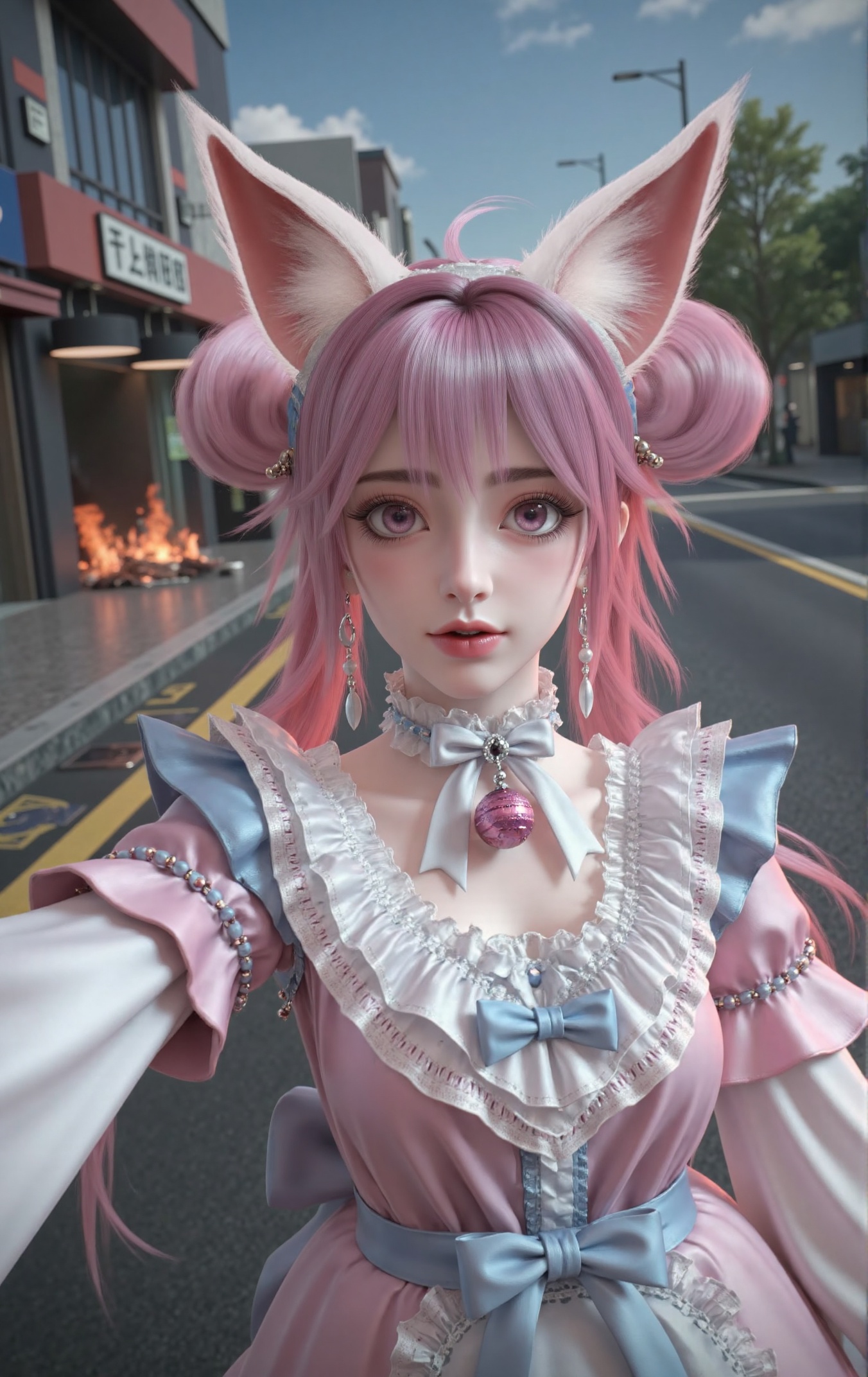 "Self-portrait of Xiaoli,a young woman with long lavender hair styled in twin buns and expressive eyes,pale skin,red lips,and pink-furred cat ears. She wears a frilly pink and blue maid outfit with white lace collar and cuffs. Taking a selfie with a shocked expression,one arm extended as if holding a camera or smartphone,in a running pose. The shot uses Dutch angle (tilted lens) and motion blur,adding unease and tension. Behind her is a chaotic city street with smoke and flames on the ground,scattered debris and garbage,but no other people. Clear and sunny sky casting bright light and sharp shadows.",