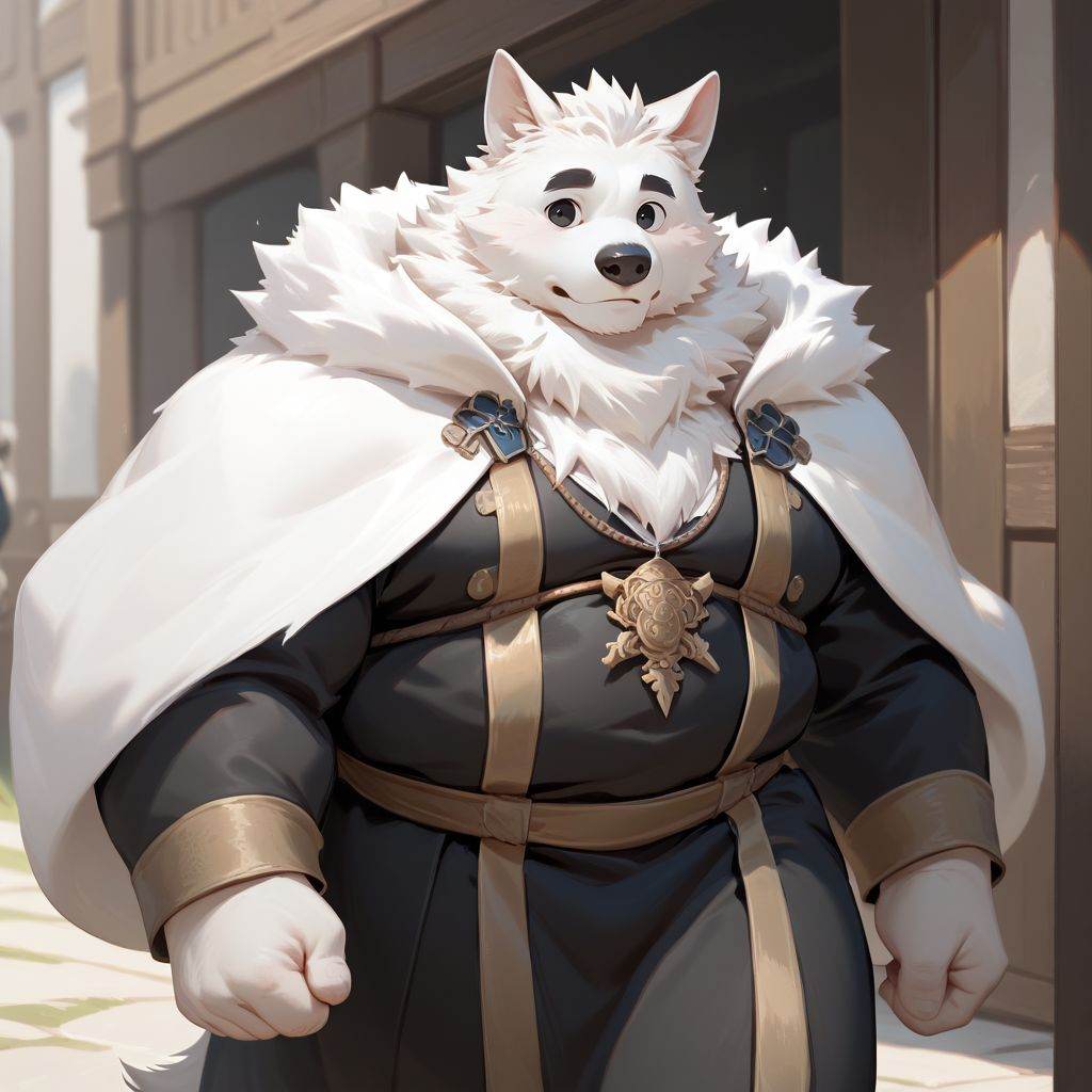 score_9, score_8_up, 8K, lindong, furry, anthro, non human, male, hunk fat, bulky, fat, chubby, dog(samoyed), white fur, black eyes, white face, solo, huge body, no beard, young man,  perfect face, big eyes, black thin eyebrows, detailed eyes, plumpy face, black medieval priest robe, white shirts, black tunic, hi res, absurd res, digital media(artwork), solo, <lora:bm-v3g-n2-ep1-xl:0.5> <lora:Expressive_H:1> <lora:SketchV1:1> <lora:Fantasy_Furry_Character_Design__Pony:0.6>, no background, walking, cowboy shot
