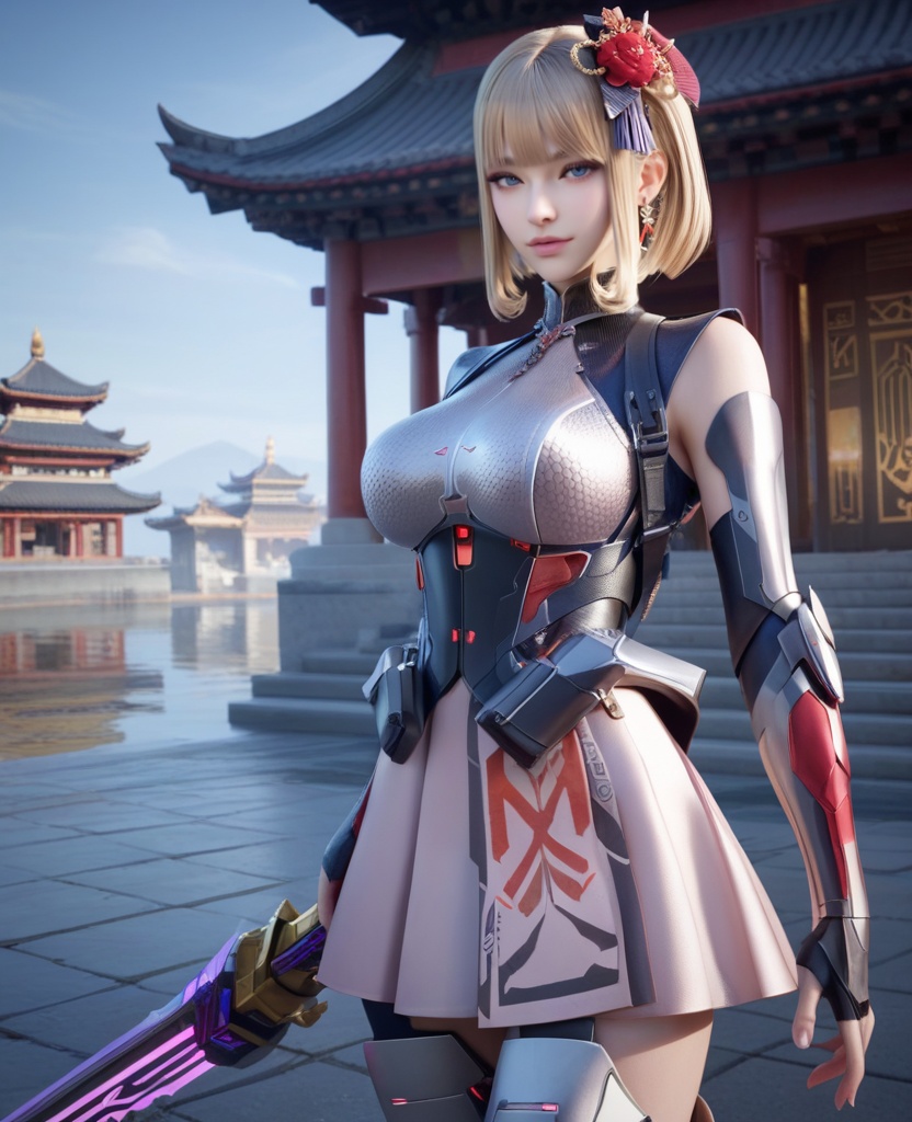 (oriental architecture, elegant decor, sophisticated style:1.1),(Walking away with a purposeful stride, one hand casually in a pocket,:1.1),(large breasts:1.2),<lora:XL穿越火线岚希儿灵魂舞者:0.95>,miss lanxier,chrome-fit battle top,neon pink skirt,blue eyes,blunt bangs,blonde hair,hair flower,black pauldrons,arm guards,armored high-heeled greaves,holstered,, score_9,score_8_up,score_7_up,score_6_up,score_5_up,score_4_up,3d rendering,tag1,tag2, Cinematic Lighting,backlighting,, zPDXL3, zPDXL2,zPDXL, zPDXLxxx, zPDXLrl,