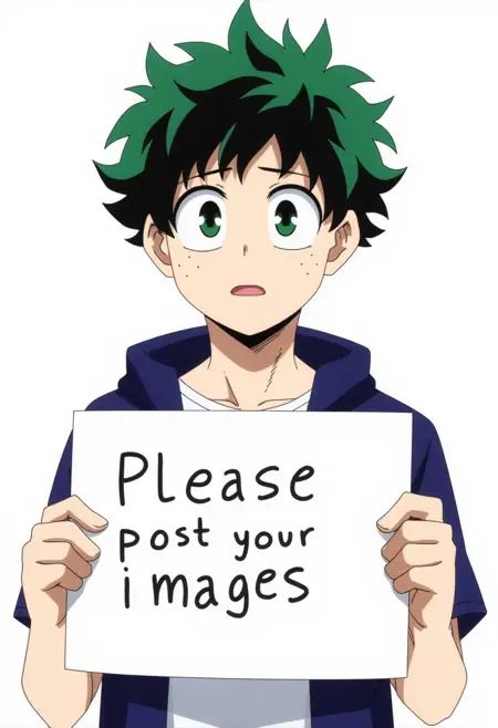 a young man with green hair and green eyes holding a sign that say "Please post your images",  izuku_midoriya on Tensor.Art