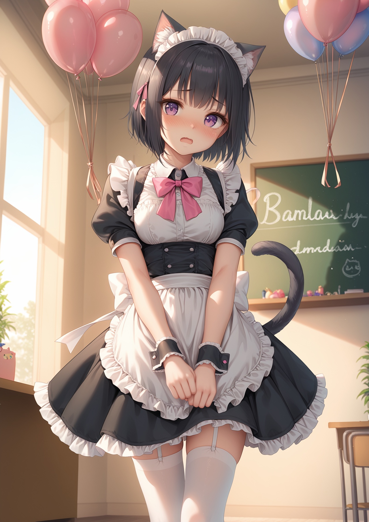 score_10,score_9,score_8_up,score_7_up,animal ears,tail,thighhighs,maid,cat ears,maid headdress,cat tail,solo,black hair,purple eyes,white thighhighs,short hair,apron,garter straps,1girl,open mouth,bow,short sleeves,detached collar,wrist cuffs,balloon,maid apron,looking at viewer,dress,blush,pink bow,frills,indoors,cat girl,puffy sleeves,bowtie,blurry,puffy short sleeves,white apron,chalkboard,blurry background,black dress,animal ear fluff,standing,embarrassed,frilled apron,pink bowtie,
