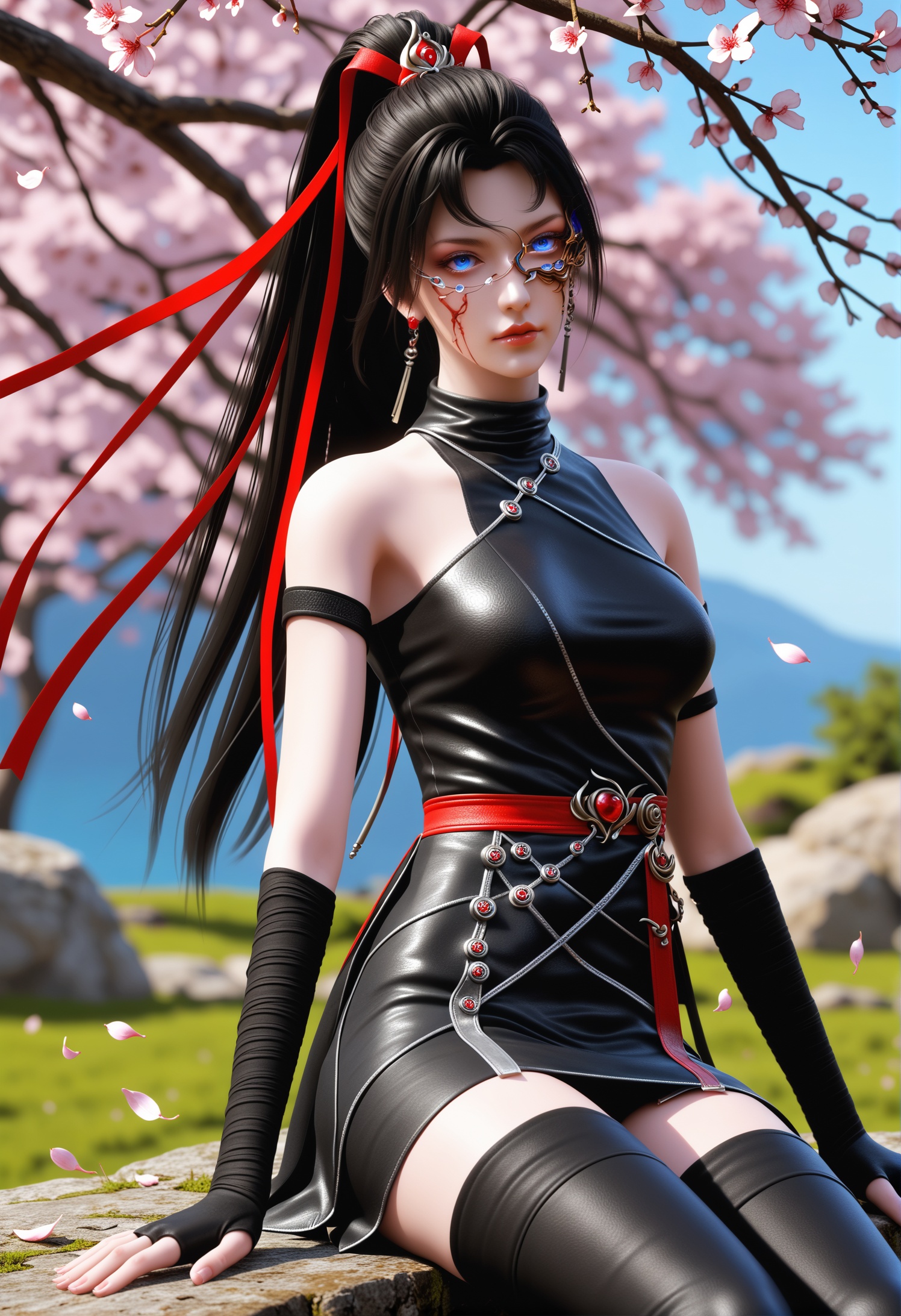 score_9,score_8_up,score_7_up,1girl,solo,realistic,(looking at viewer:1.1),portrait,close-up,1girl,solo,realistic,dress,black dress,black bodysuit,armor,ribbon,red ribbon,beads,red gemstone,black gloves,fingerless gloves,blood on face,belt,arm wrap,bandages,arm strap,thighhighs,black thighhighs,1girl,solo,realistic,jewelry,armlet,earrings,hair ornament,hair ribbon,1girl,solo,realistic,(mature face:1.4),(big eye:0.7),(pale_skin:1.1),(shiny_skin:1.1),(slender face:1.2),long hair,black hair,ponytail,braid,(glowing eyes:1.2),blue eyes,blue eyeshadow,black eyes,facial mark,makeup,eyeshadow,lipstick,red lips,nose,lips,(single bare shoulder:0.5),closed mouth,realistic,grass,sitting,madotsuki,cherry blossoms,falling petals,petals,outdoors,tree,rock,water,<lora:小巳-云望舒-夜行服:0.85>,