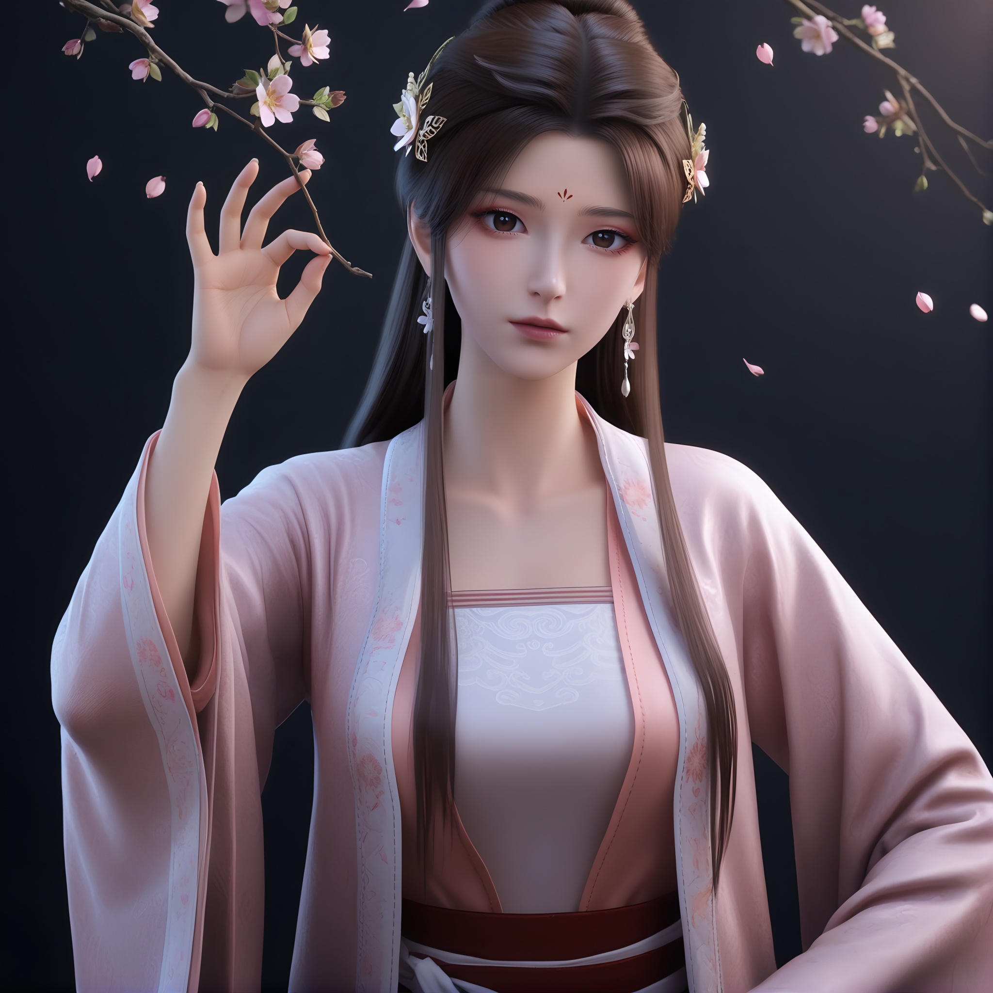 masterpiece,best quality,absurdres,highres,(glamor:1.1),(slender:1.1),skinny,<lora:苏檀儿-ill:0.83>,1girl,solo,flower hair accessory,hair flower,hair ornament,long hair,half-up bun,dark brown hair,jewelry,earrings,forehead mark,brown eyes,pupils,dilated_pupils,brown_pupils,silk robe,pink robe,layered outfit,beizi,ru top,waist sash,pink,collarbone,large breasts,sutaner,looking at viewer,(front view),(ok_sign),BREAK(white_skin:1.1),(fair_skin:1.1),realistic,twig,branch,falling petals,simple background,black background,rim light,Volumetric Lighting,lens flare,Tyndall effect,depth of field,bokeh,sparkle,