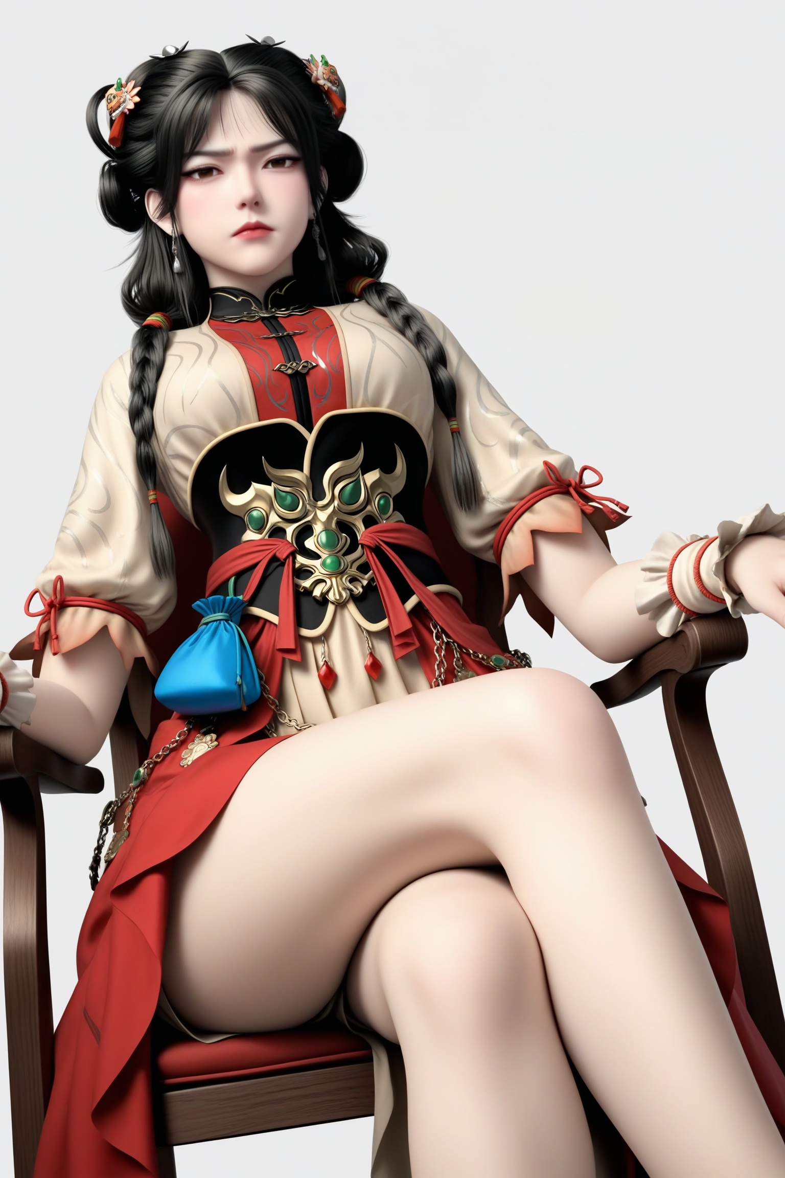 masterpiece,best quality,absurdres,highres,mature female,glamor,(slender:1.1),solo,<lora:金玉环-ill:0.85>,jingyuhuan,multi-tied hair,hair ornament,long hair,black hair,twin braids,braided hair rings,earrings,brown eyes,brown_pupils,disgust,jitome,BREAKhigh collar,puffy short sleeves,waist belt,waist sash,ornate belt,high-waist skirt,long skirt,blue pouch,wrist cuffs,gold chain,high heels,short shorts,sitting,pov,from below,chair,crossed legs,BREAKsimple background,white background,