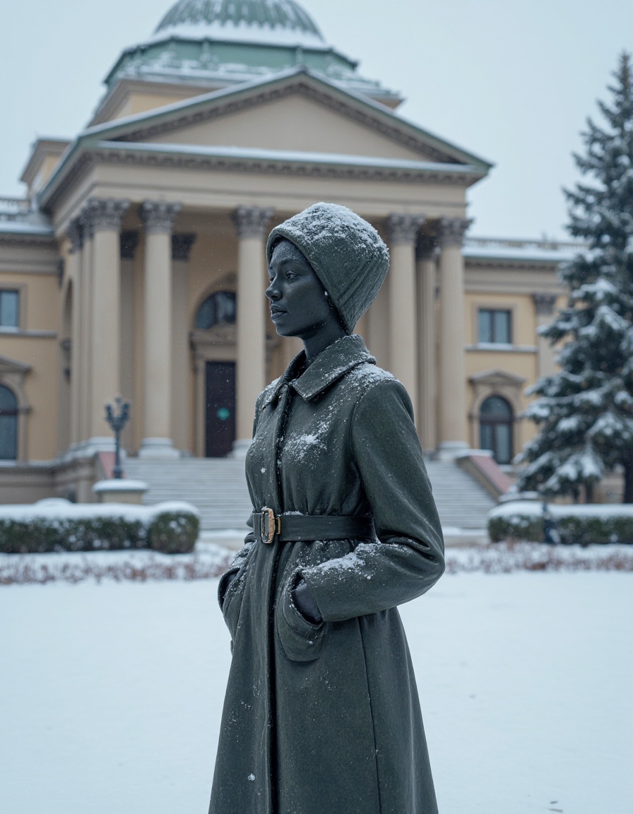 a woman standing in front of a building in the snow with a coat on and a hat on her head, snow, a statue, aestheticism