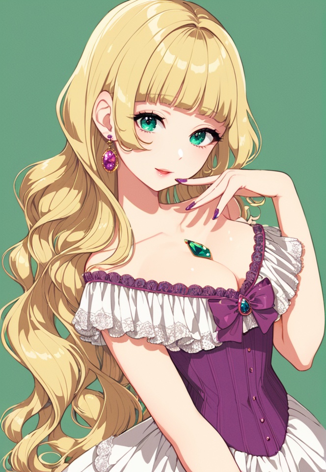 (best quality), ((masterpiece)), (highres), illustration, original, extremely detailed,  <lora:好き物语:0.7>1girl, solo, dress, green background, breasts, earrings, jewelry, cleavage, long hair, collarbone, blonde hair, bangs, nail polish, simple background, looking at viewer, wavy hair, bow, purple bow, medium breasts, blunt bangs, hand up, green eyes, white dress, frills, very long hair, purple nails, frilled dress, parted lips, signature, bare shoulders, finger to mouth, aqua eyes, off-shoulder dress, smile, gem