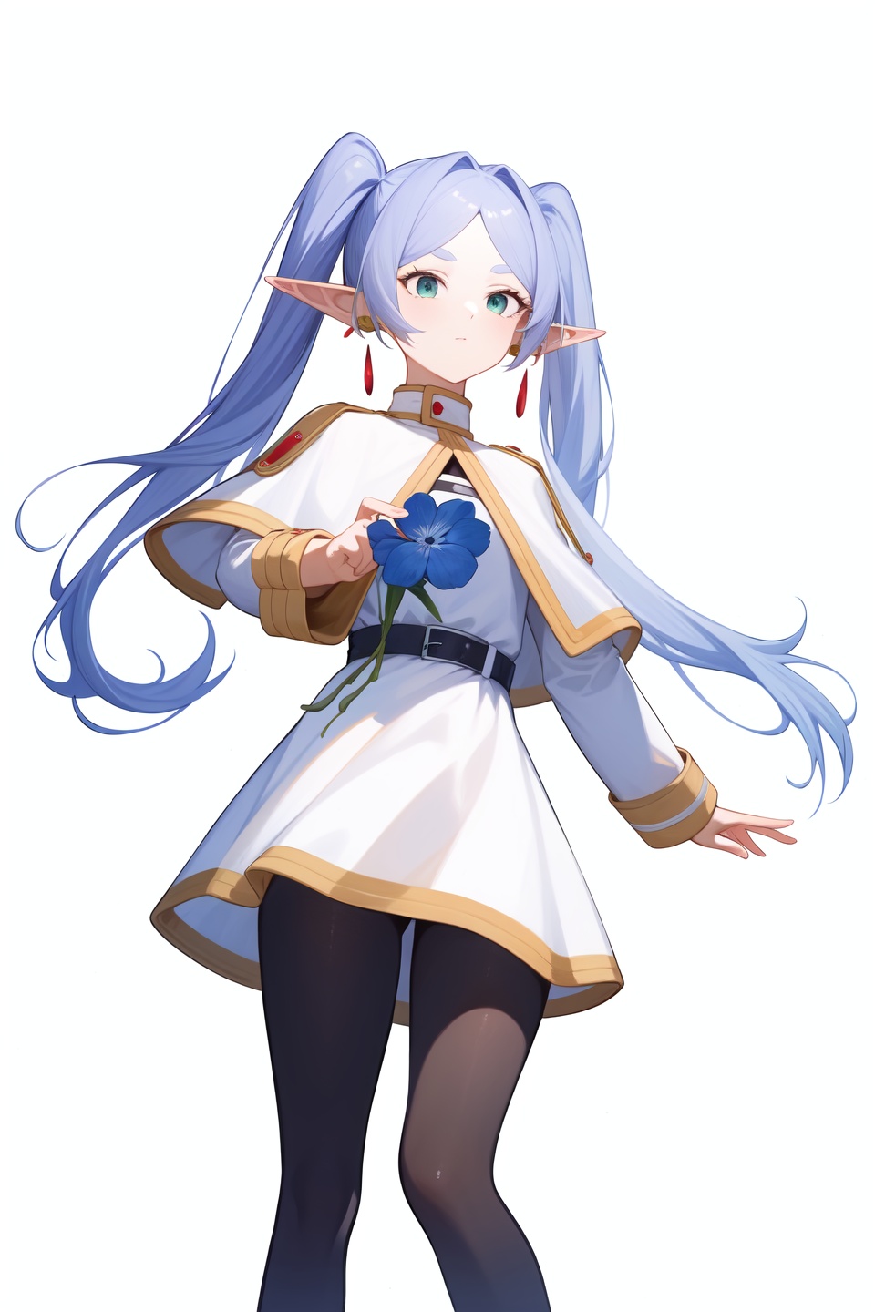 <lora:芙莉莲:1:lbw=char>,fulilian,1girl,twintails,earrings,long sleeves,white capelet,best quality,white dress,black pantyhose,high quality,belt,blue flower,, (masterpiece,best quality,high quality:1.4),absurdres,