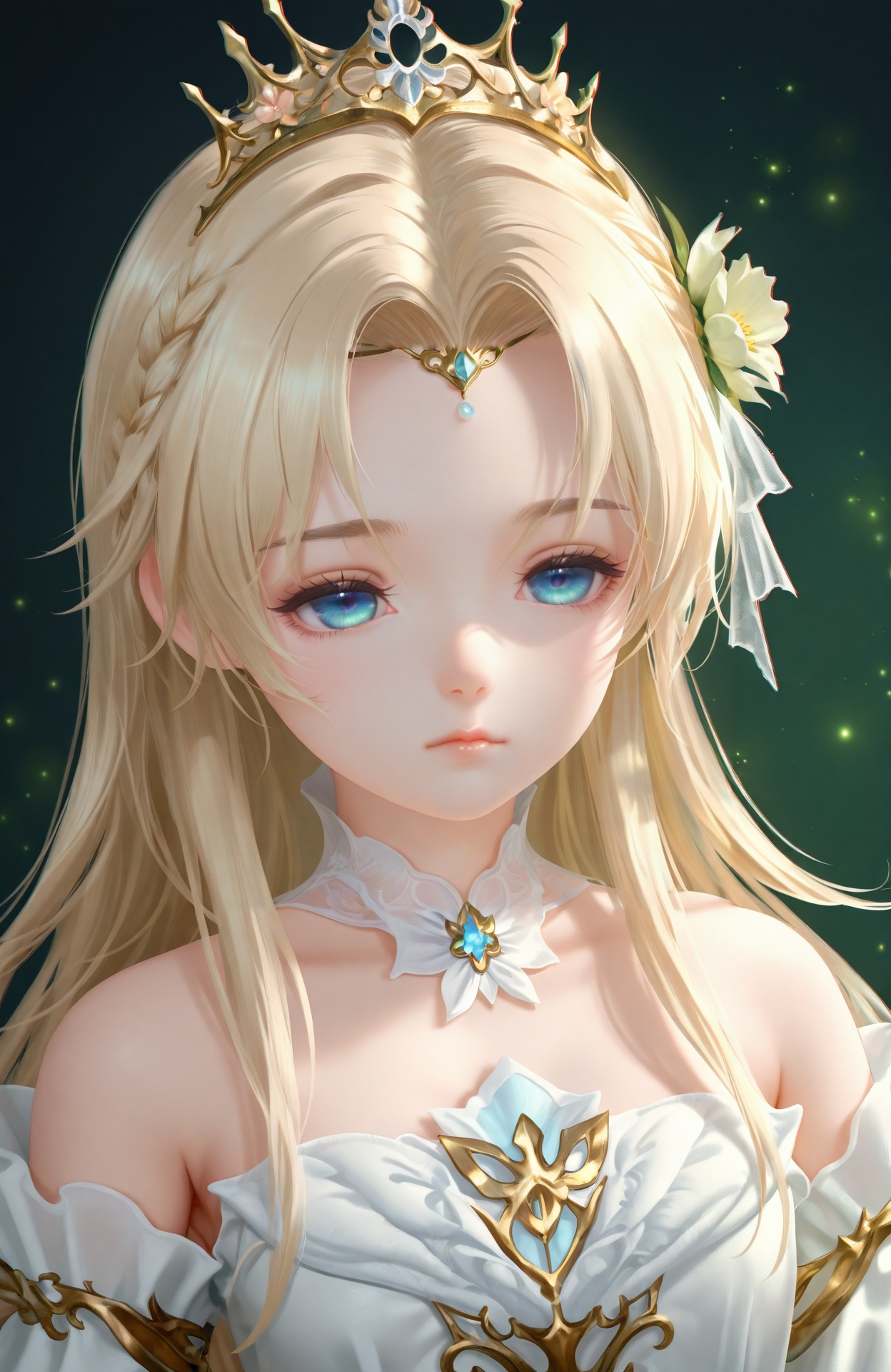 masterpiece,absurdres,best quality,loli,petite,high quality,chromatic_aberration,//,1girl, blonde_hair, long_hair, solo, blue_eyes, hair_ornament, flower, bare_shoulders, tiara, upper_body, dress, expressionless, white_dress, light_particles, closed_mouth, portrait, black_background, dark_background, green_background, hair_flower//,<lora:古风厚涂Loli——【CKXL】hans:1>,