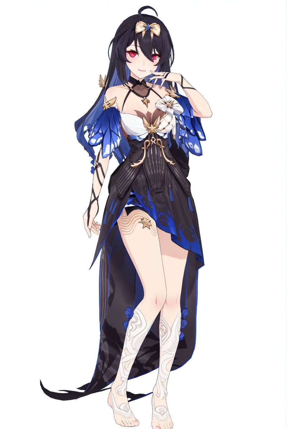 8k,best quality,masterpiece,(ultra-detailed),(high detailed skin),(by nanoless, by misumi \(macaroni\),:0.5),A full-body portrait of a young girl,standing gracefully,pastel art style,high-key lighting,shoujo manga influence,hd quality,delicate details,full body,full shot,standing,looking at viewer,(solo:1.2),simple background,(white background:1.2),<lora:StarchasmNyx-sd-Tanger:0.8>,seele vollerei,blue hair,seele vollerei \(Magic Girl Seele\),clothes: black and white dress,multicolored hair,black hair,(Hair bow,Magic Girl Hair bow:1.2),1girl,red eyes,bangs,smile,Magic Girl White patterned open-toe socks,Magic Girl Asymmetrical gloves,hair between eyes,bare shoulders,