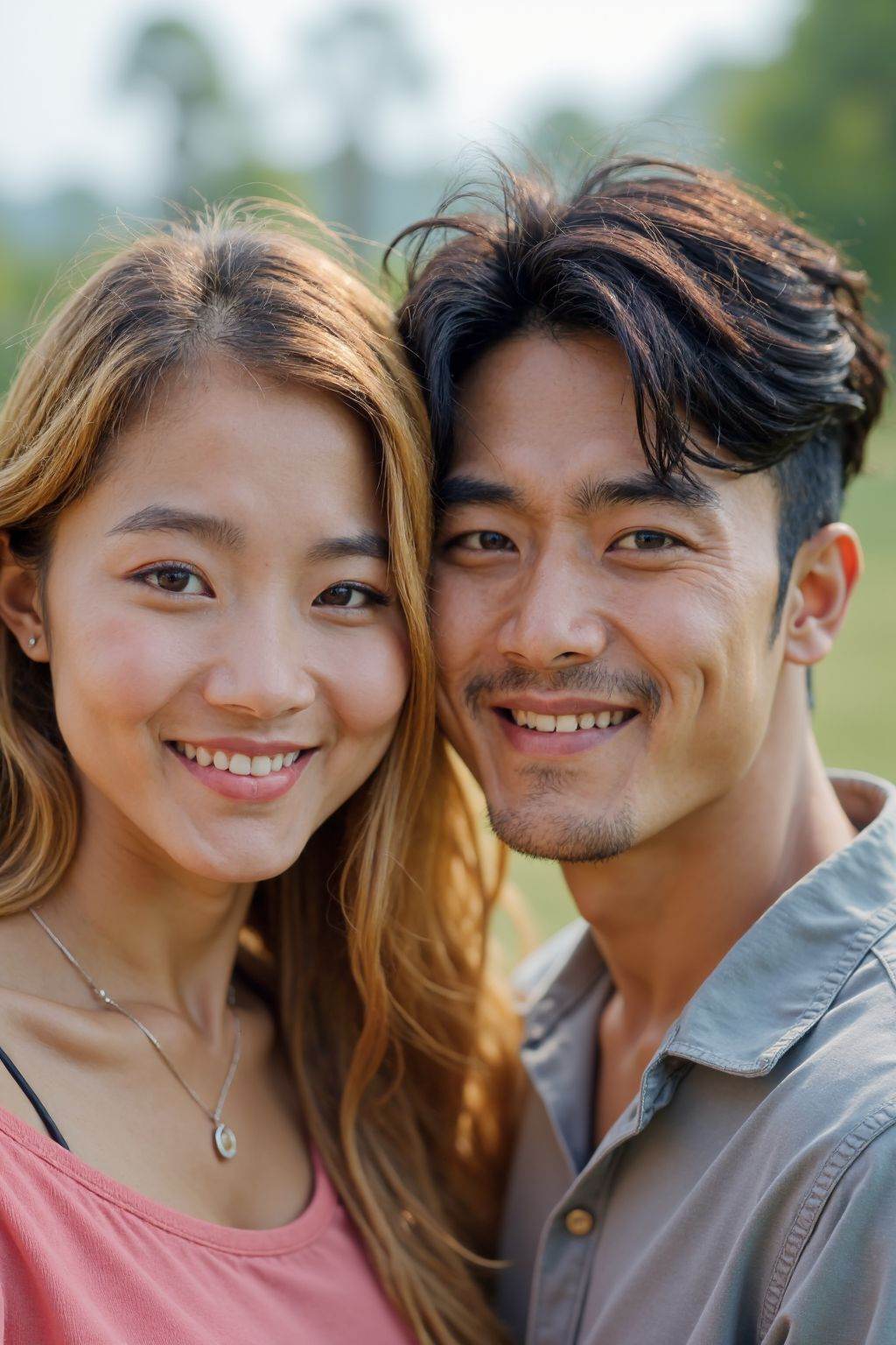 HDR photo of cinematic film still, This is a photograph of a young Asian couple posing for a selfie outdoors. The woman with long blonde hair, wears a pink top. The man with short dark hair, is in a shirt.