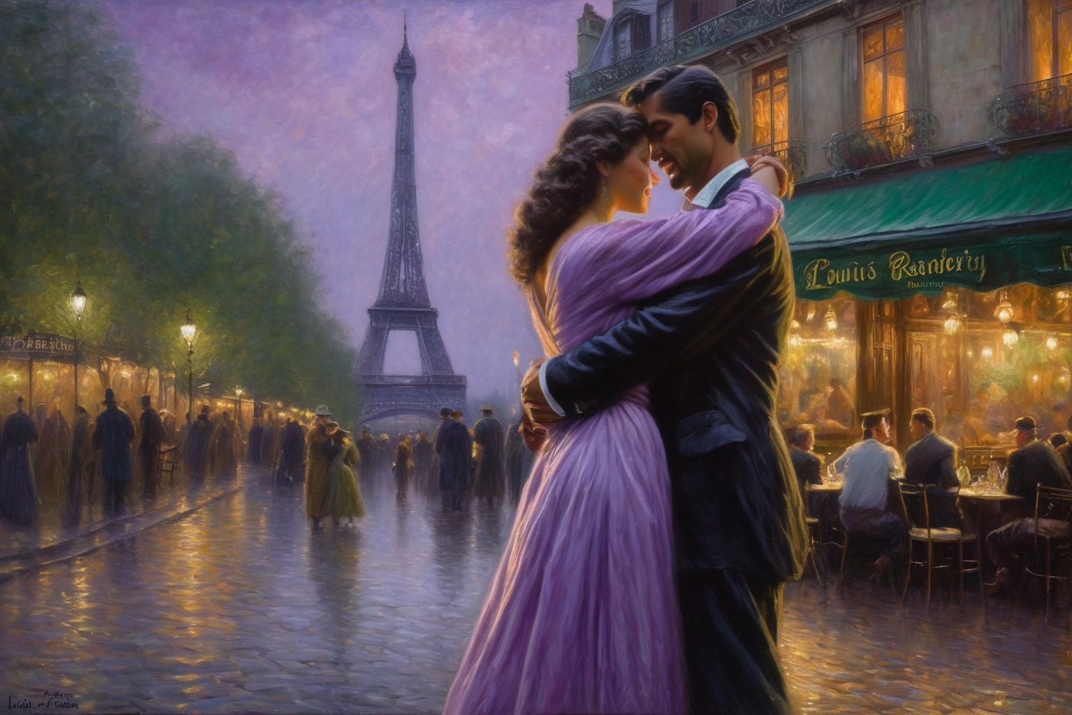 a painting of paris at evening time,  a woman hugging a man,  in the style of dave coverly on Tensor.Art