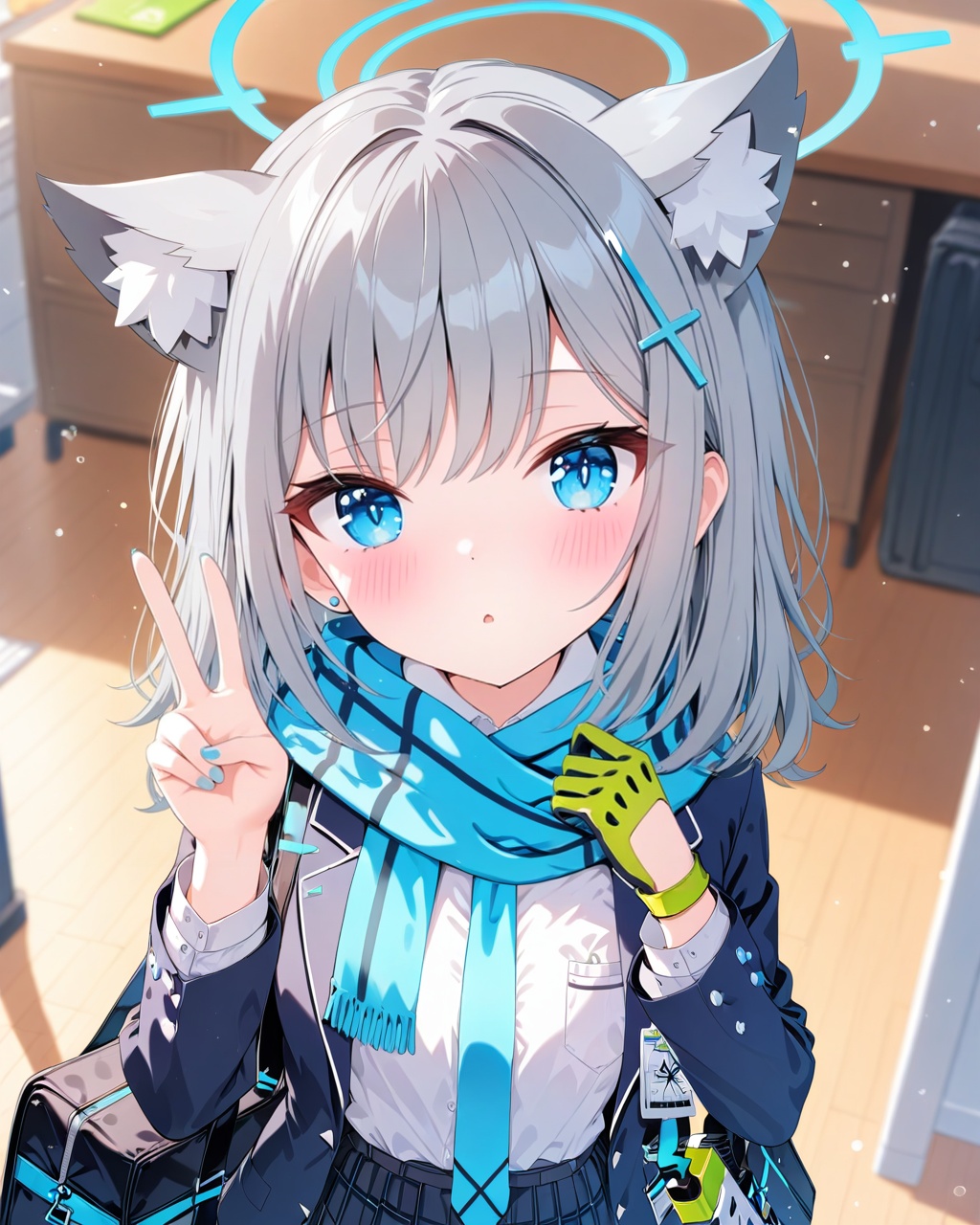 Shiroko (Blue Archive),O,shiroko (blue archive),1girl, shiroko (blue archive), animal ears, solo, scarf, gun, skirt, gloves, halo, hair ornament, weapon, blue eyes, v, school uniform, green gloves, single glove, assault rifle, bag, cross hair ornament, jacket, animal ear fluff, sig sauer, rifle, plaid skirt, extra ears, mismatched pupils, grey hair, plaid, blue scarf, looking at viewer, pleated skirt, shirt, school bag, medium hair, wolf ears, blush, long sleeves, bangs,(UHD),anatomically correct,ccurate,textured skin,super detail,high details,award winning,best quality,high quality,retina,HD,16k,1080P,
