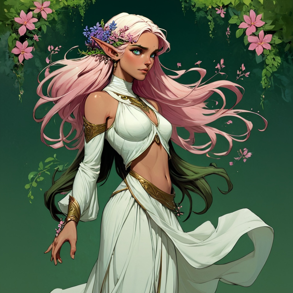 D&D Painterly,  The image shows a woman in a white dress with pink flowers in her hair standing in front of a backdrop of...