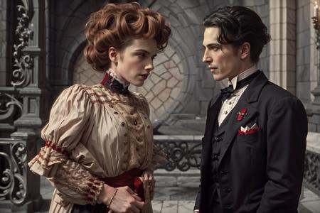 movie still of a woman in a dress flirting with Count Dracula 1905_dr3ss on Tensor.Art