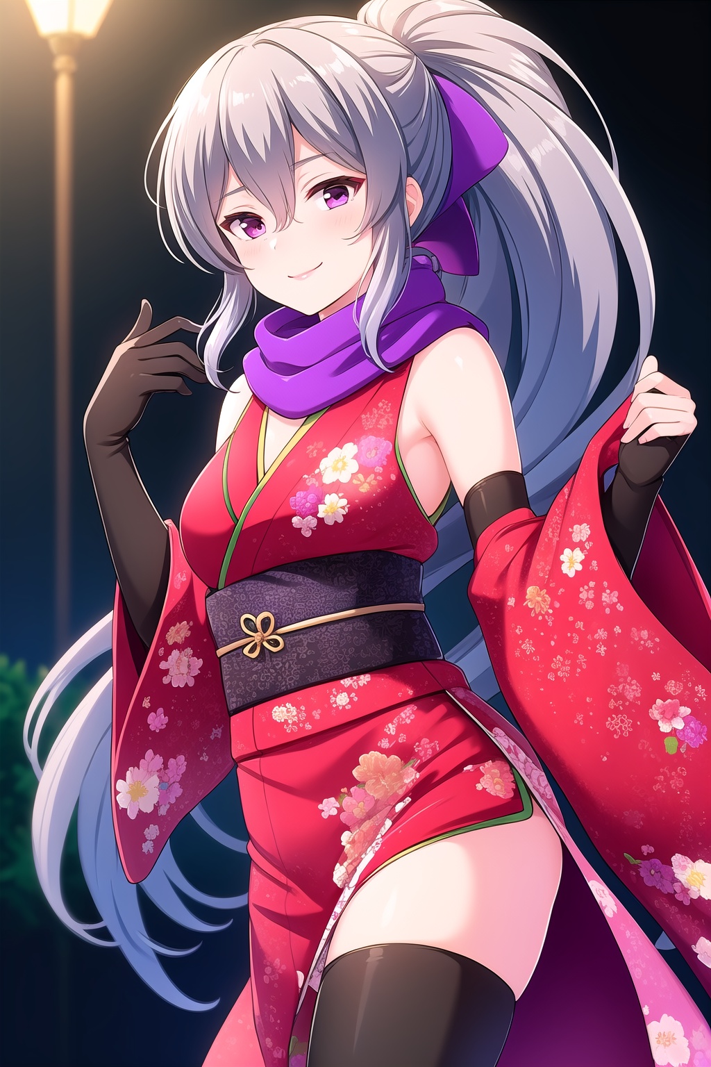 (masterpiece, best quality), highly detailed background, perfect lightingbest quality, shigetoakiho, solo, outdoors, night, ninja, grey hair, ponytail, hair between eyes, very long hair, purple eyes, medium breasts, purple scarf, red kimono, short kimono, sleeveless, floral print, black gloves, elbow gloves, black thighhighs, japanese clothes, smile, closed mouth, :), pink lips, <lora:Shigeto-Akiho:0.7>