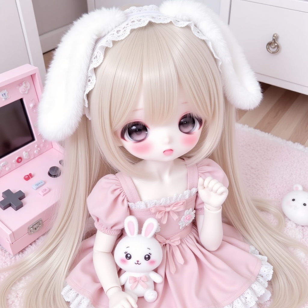 This is a digital illustration of a cute anime-style doll with a pastel aesthetic. The doll has long, straight, platinum blonde hair with a soft, silky texture, and large, expressive, pinkish-grey eyes with a gentle, innocent look. Her cheeks are blushed with a light pink hue, adding to her adorable appearance. She wears a white lace headband with fluffy bunny ears protruding from it. Her outfit consists of a pink, puffy-sleeved dress with a heart-shaped bow at the center, and a white lace trim along the neckline and sleeves. She also wears white bunny-shaped pigtails on either side of her head. In her right hand, she holds a small white stuffed bunny with a smiling face. The background features a pink gaming console with various buttons and a small screen, a white bed with a pink blanket, and a wooden floor. The overall color palette is soft and pastel, emphasizing a cute and whimsical theme. The style of the illustration is highly detailed and realistic, with a focus on soft textures and gentle colors.