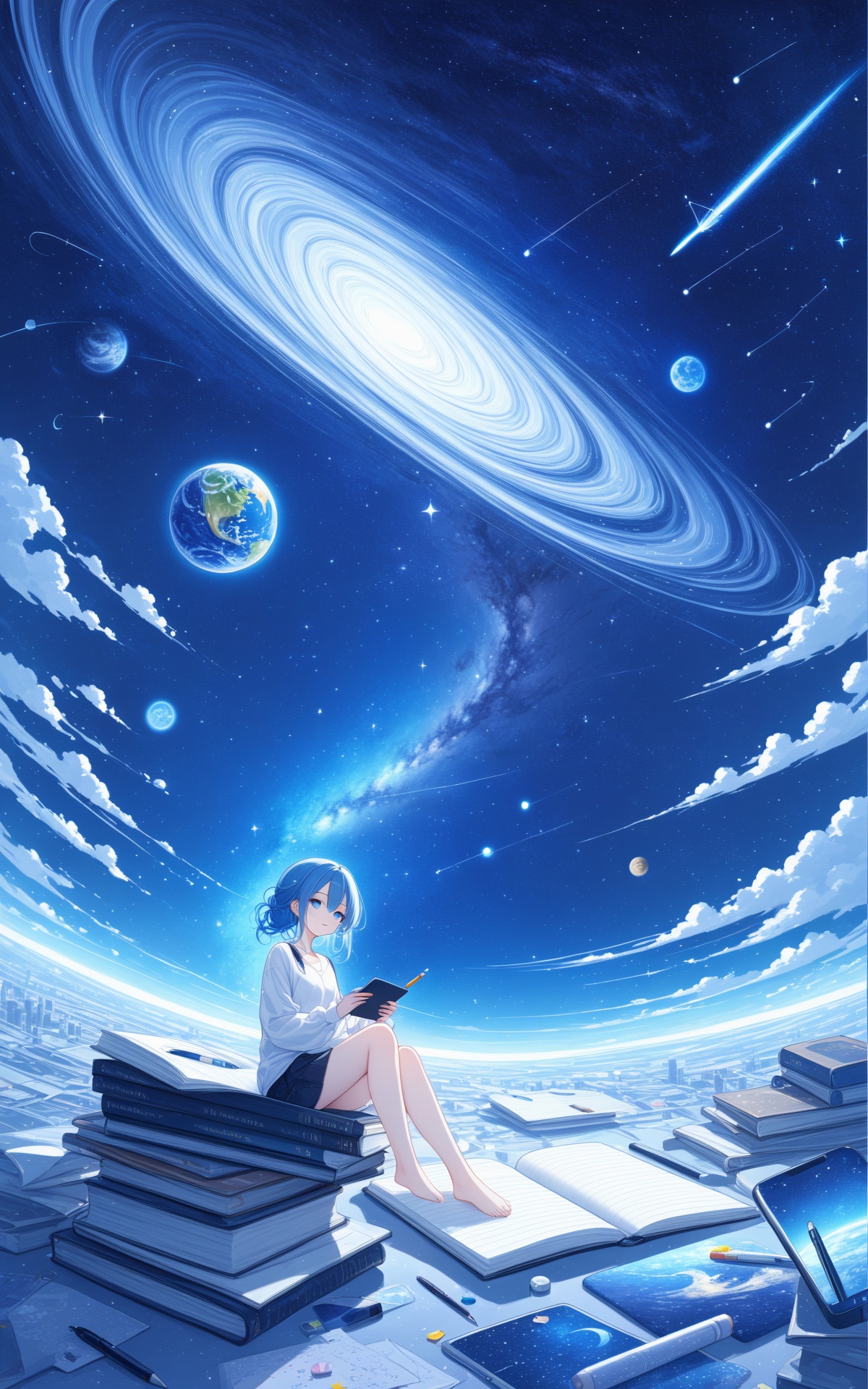 (masterpiece), (best quality), star_\(sky\), starry_sky, space, shooting_star, 1girl, constellation, planet, night_sky, pencil, starry_sky_print, blue_eyes, night, palette_\(object\), earth_\(planet\), feet, phone, sky, solo, moon, barefoot, eraser, long_sleeves, blue_hair, book, looking_at_viewer, telescope, pen, shirt, cellphone, smile, card, paper, star_\(symbol\), handheld_game_console, notebook, galaxy, crescent_moon, clock, cloud, white_shirt, milky_way, cityscape, globe, light_particles
