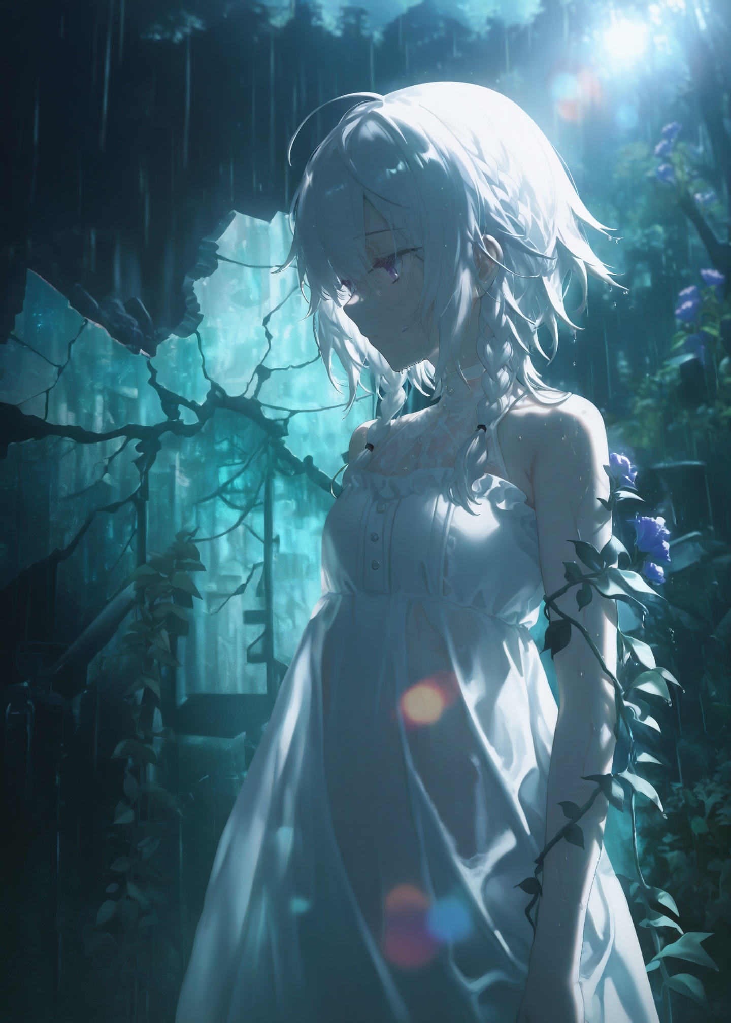 masterpiece,absurdres,best quality,petite,high quality,//,illustration,ultra detailed,hdr,Depth of field,(colorful),bust,late at night,dark,light rain,dark,contrast,phenomenal aesthetic,(detailed light),light rain,dark,(((Cornflower))),cornflower,cornflower,vines,forest,ruins,Blurred picture,lens flare,hdr,Tyndall effect,damp,wet,1girl,bare shoulders,broken glass,broken wall,aqua theme,white hair,white dress,closed mouth,braid,white dress,standing,solo,//,<lora:konya_karasue2——【CKXL】hans:0.85>,