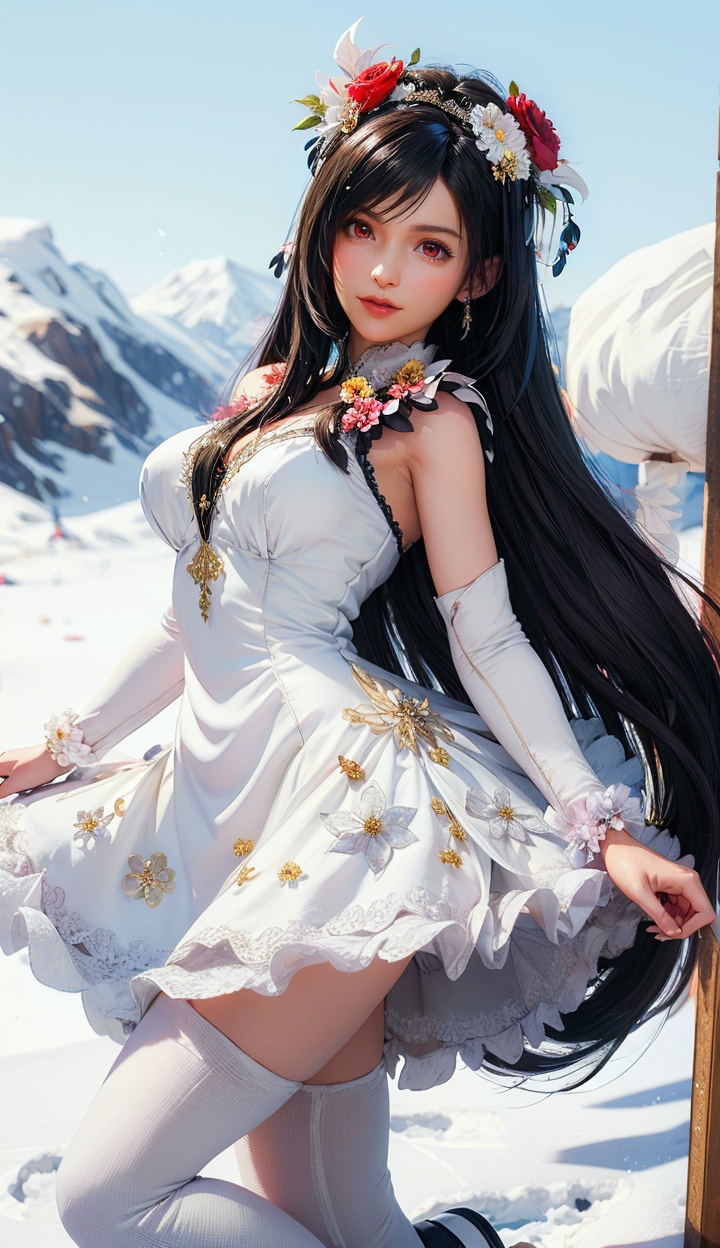 masterpiece,highres,1girl,solo,red eyes,long hair,black hair,sfw,<lora:add_detail:0.3>,thighhighs,((beautiful Dress+stocking):1.25),((flower headdress:1.45)),((white theme:1.5)),snow,outdoors,snowflakes,sleeveless,3D graphics,looking_at_viewer,tifa,<lora:tifa-000005:0.7>,