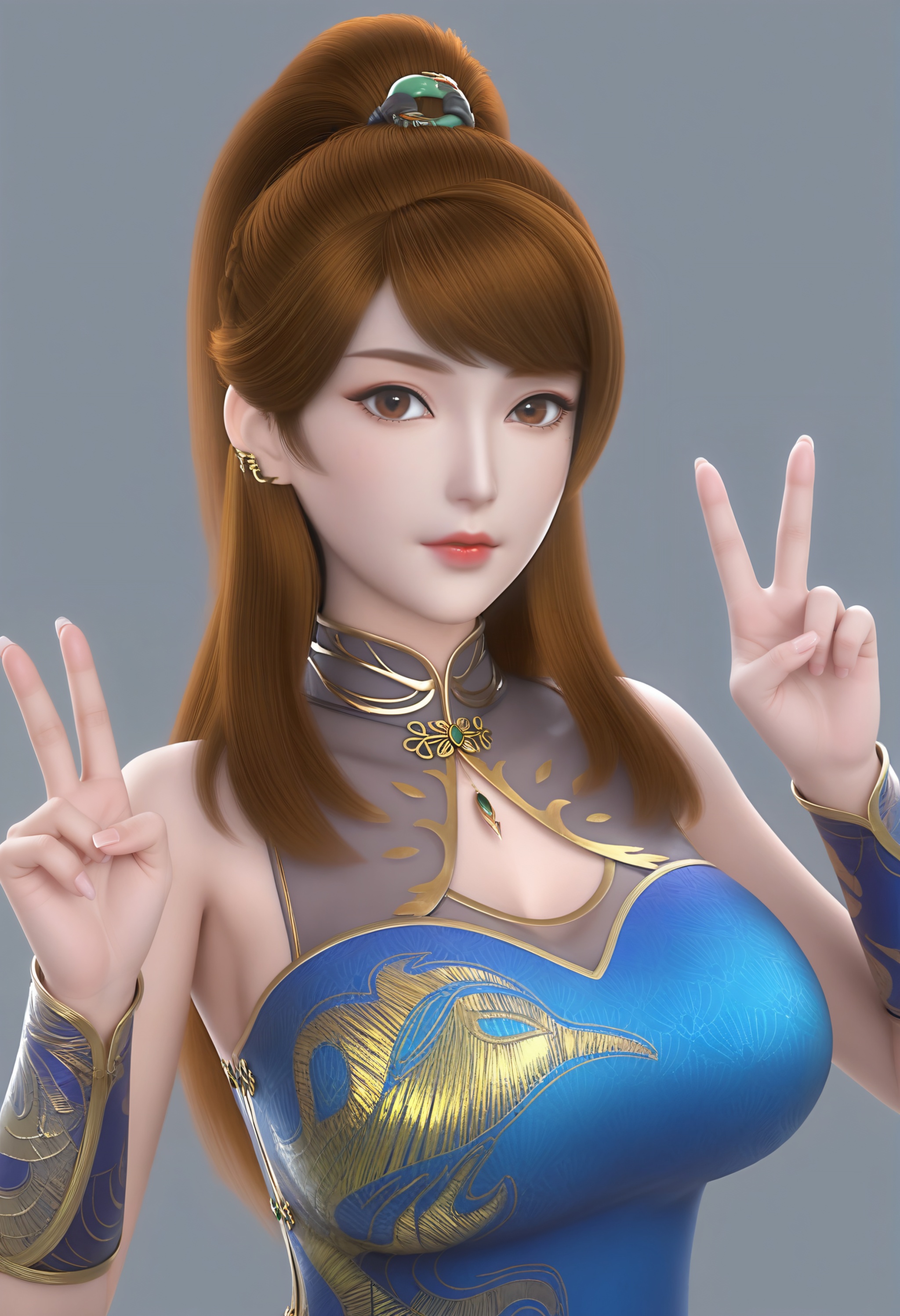 (score_9),double v,<lora:肖凝儿-Apony-000008:0.85>,xiaoninger,solo,1girl,brown hair,long hair,ponytail,brown eyes,hair rings,jewelry,ear piercing,mole under eye,lipstick,cocked eyebrow,china dress,high collar,bracer,side slit,<lora:perfect-eyes:0.8>,light blush,body blush,looking at viewer,front view,mature,glamor,collarbone,puffy breasts,pointy_breasts,large breasts,simple background,<lora:e色温:0.5>,<lora:e肤色滑块:0.5>,
