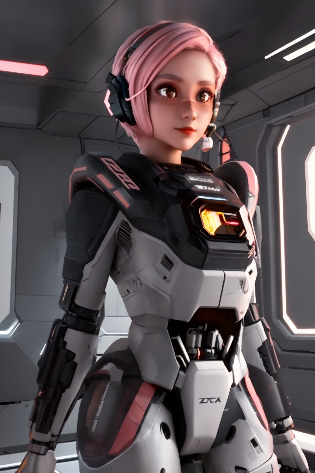 <lora:lida_15:1:lbw=KEEPCHAR>,lida,1girl,solo,headset with microphone,futuristic armored suit,wearing a futuristic armored suit,transparent and pink goggles,looking at viewer,short hair,upper body,brown eyes,lips,bodysuit,science fiction,weapon,makeup,lipstick,cable,a 3d animated character with pink hair and wearing a futuristic suit,the character has a headset with a pinkish-red hue and there's a device on her chest labeled 'zotac',the suit is predominantly black with red accents and there's a logo on the chest that reads 'eoi',the character's eyes are large and expressive and she has a calm and focused expression,the background appears to be a metallic or mechanical environment possibly a spaceship or a high-tech facility,character,futuristic suit,headset,zotac,black with red accents,logo,eyes,expression,metallic or mechanical environment,spaceship or high-tech facility,