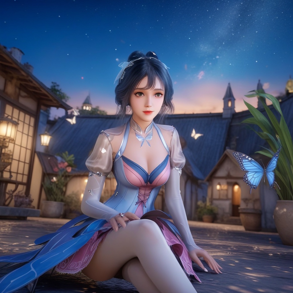 <lora:707-DA-XL-斗罗大陆-唐舞桐:0.8>(,1girl, ,best quality, ),looking at viewer,  ,ultra detailed background,ultra detailed background,ultra realistic 8k cg, ,masterpiece, (( , )),,  fiction,mole, , ,      ,, 1girl,butterfly sitting,  night, star_\(sky\)(cleavage), 
