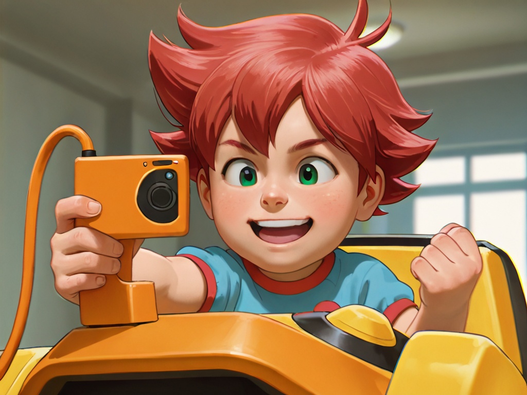 <lora:Taiga_XL:1>,explicit,(best quality:1),(best detail:1),(masterpiece:1),male focus,1boy,(toddler:1.1),(petite:1.3),red hair,green eyes,round face,thick eyebrow,(5fingers:1.1),perfect hands,take the orange phone,:d,pose a battle posture,correct anatomy,chromatic_aberration,(realistic:1.2),available light,(incredibly absurdres:2),