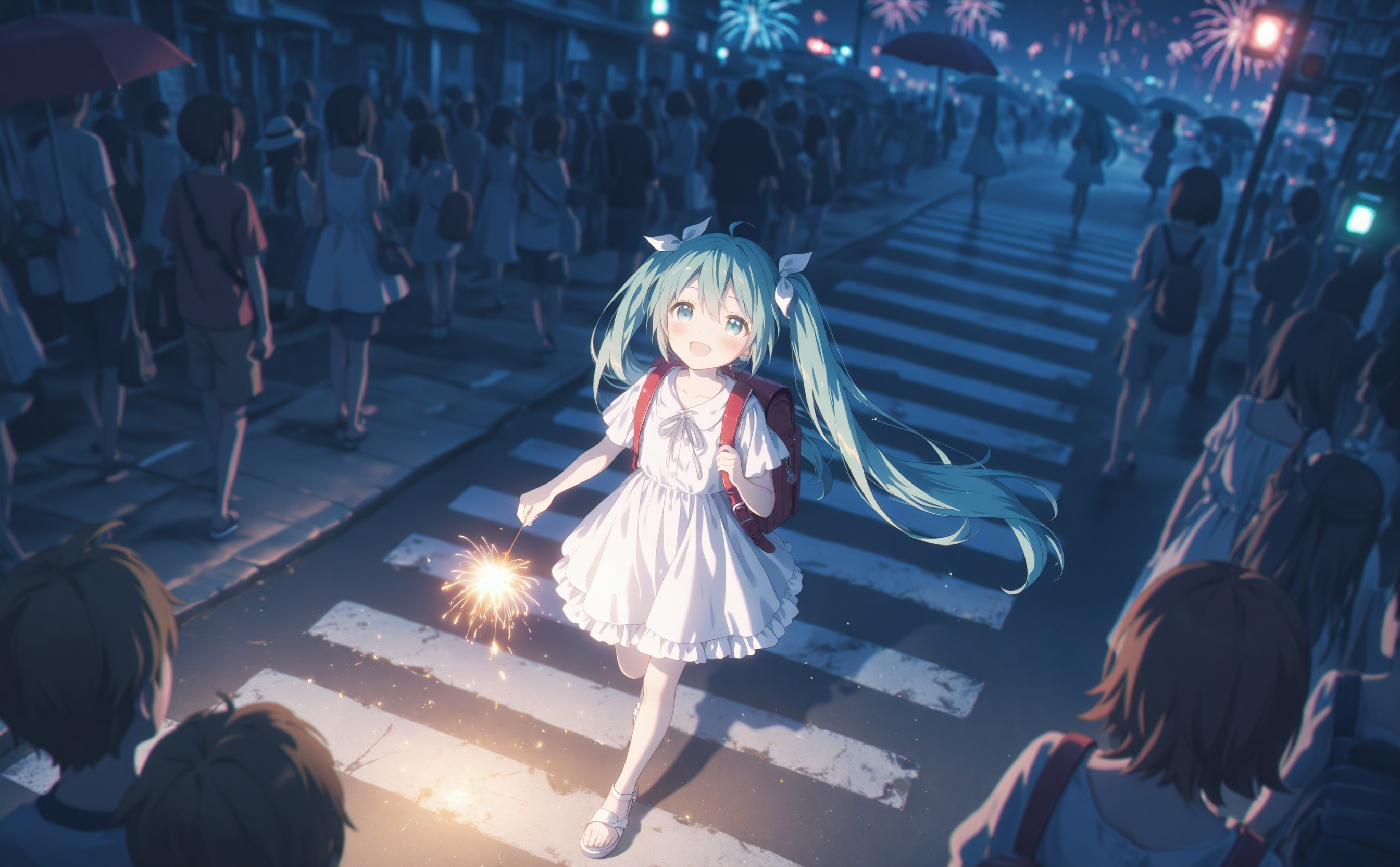 masterpiece,absurdres,best quality,loli,petite,high quality,chromatic_aberration,cinematic_angle,dutch angle, //crosswalk, hatsune miku, fireworks, multiple girls, dress, kagamine rin, white dress, twintails, long hair, multiple boys, night, holding, people, bag, aqua hair, skirt, umbrella, open mouth, lantern, outdoors, backpack, smile, kaito (vocaloid), kagamine len, very long hair, walking, shirt, blonde hair, looking up, short hair, randoseru, meiko (vocaloid), sparkler, road, holding umbrella, 4girls, short sleeves, holding lantern, sandals, barefoot, pleated skirt, aqua eyes, road sign, blue hair, running, child, holding camera, traffic light, shoes, white skirt, holding fireworks, street, bow, sundress, faceless, gumi, sign, from above, camera, blue eyes, faceless female, hat, megurine luka, looking at another, :d, standing, reflection, sleeveless, sleeveless dress, hair bow, blue theme, holding hands, stairs, brown hair, solo focus, shorts, silhouette, 5girls, instrument, frills, ribbon, 4boys, holding bag, crowd, white bow, 6+girls, scenery, floating hair, 2boys, aerial fireworks, hair ornament<lora:Fumyun-000030:0.8>